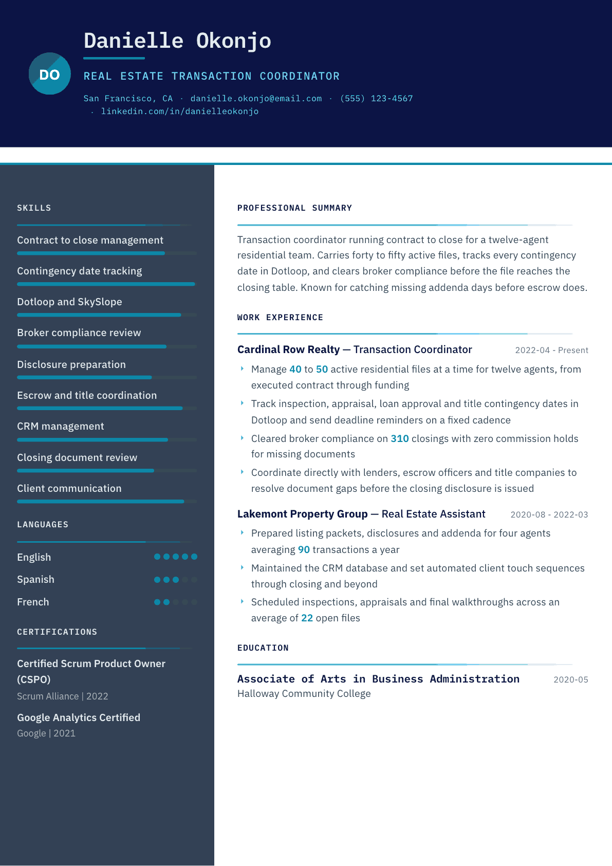Real Estate Transaction Coordinator resume example, Atlas template