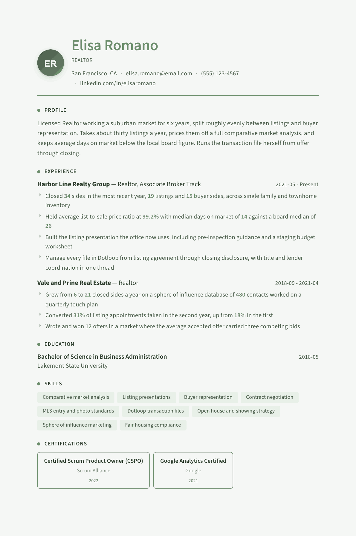 Realtor resume example, Sage Garden template