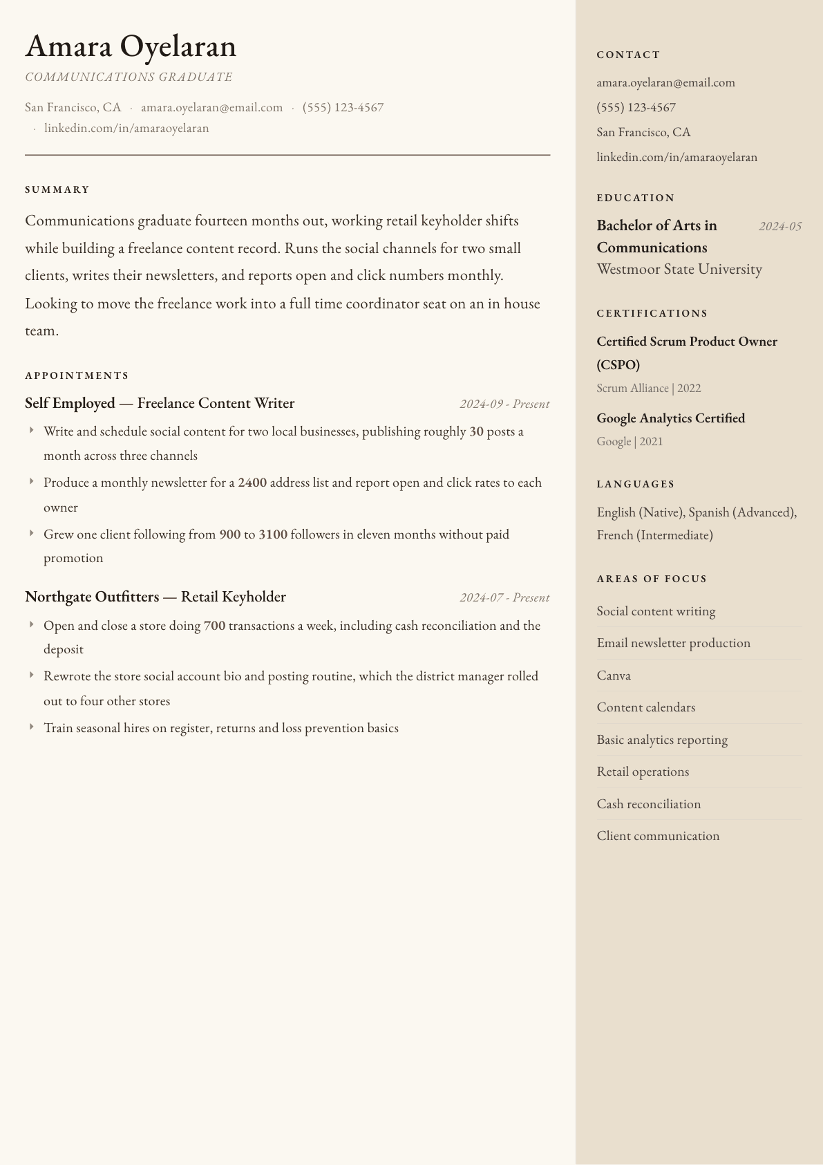 Recent Graduate resume example, Manuscript template