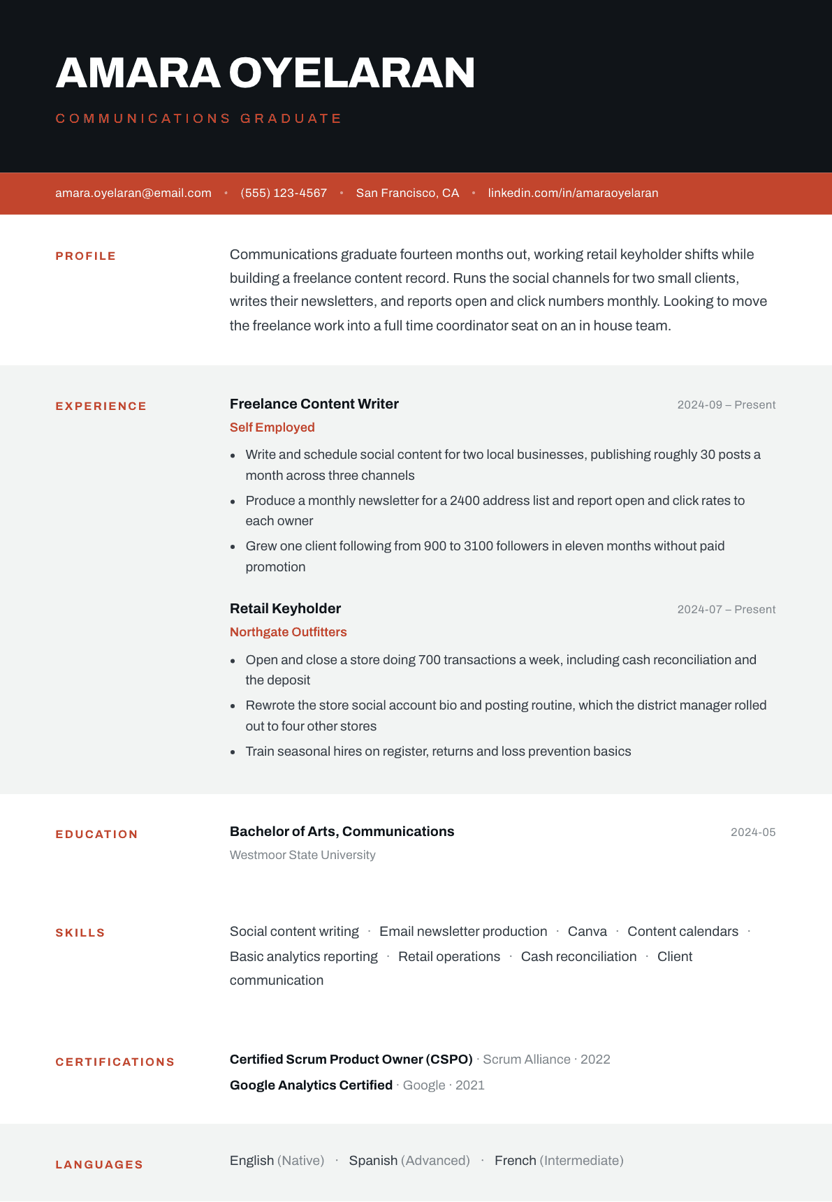 Recent Graduate resume example, Strata template