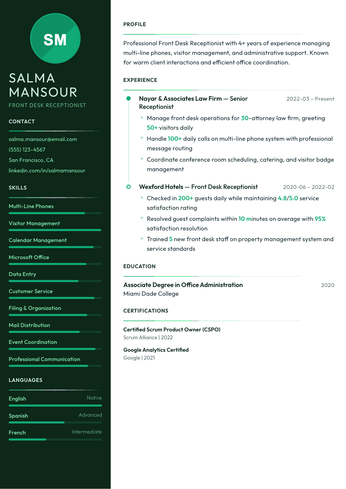 Receptionist resume example, Meridian template