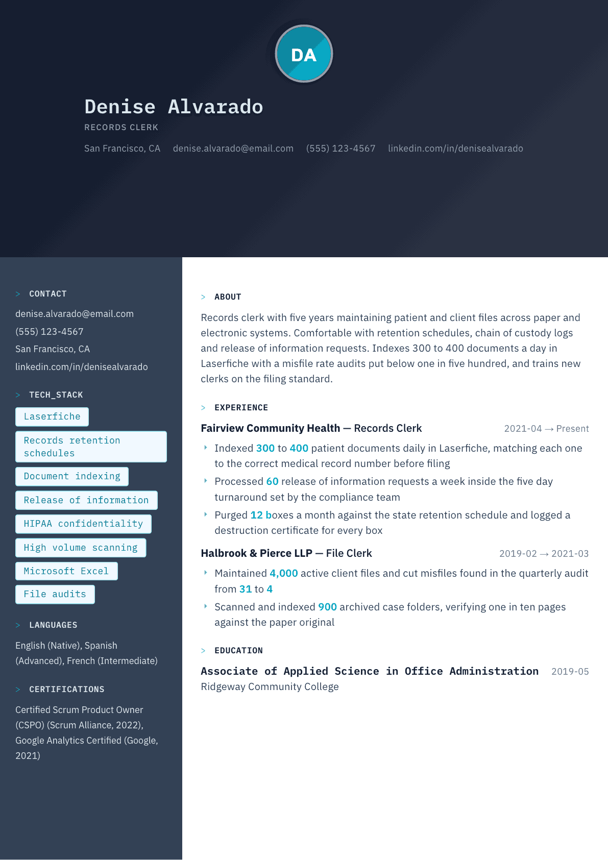 Records Clerk resume example, Code Terminal template