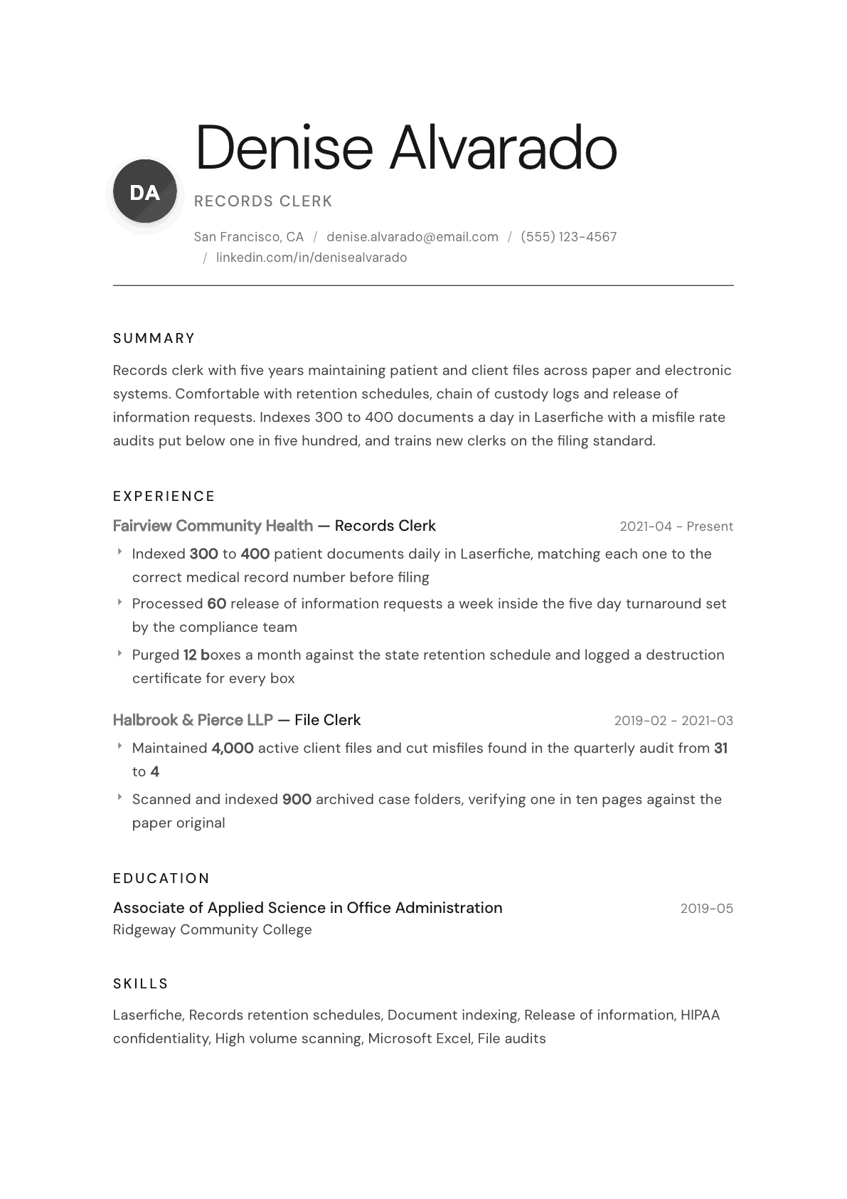 Records Clerk resume example, Whisper template