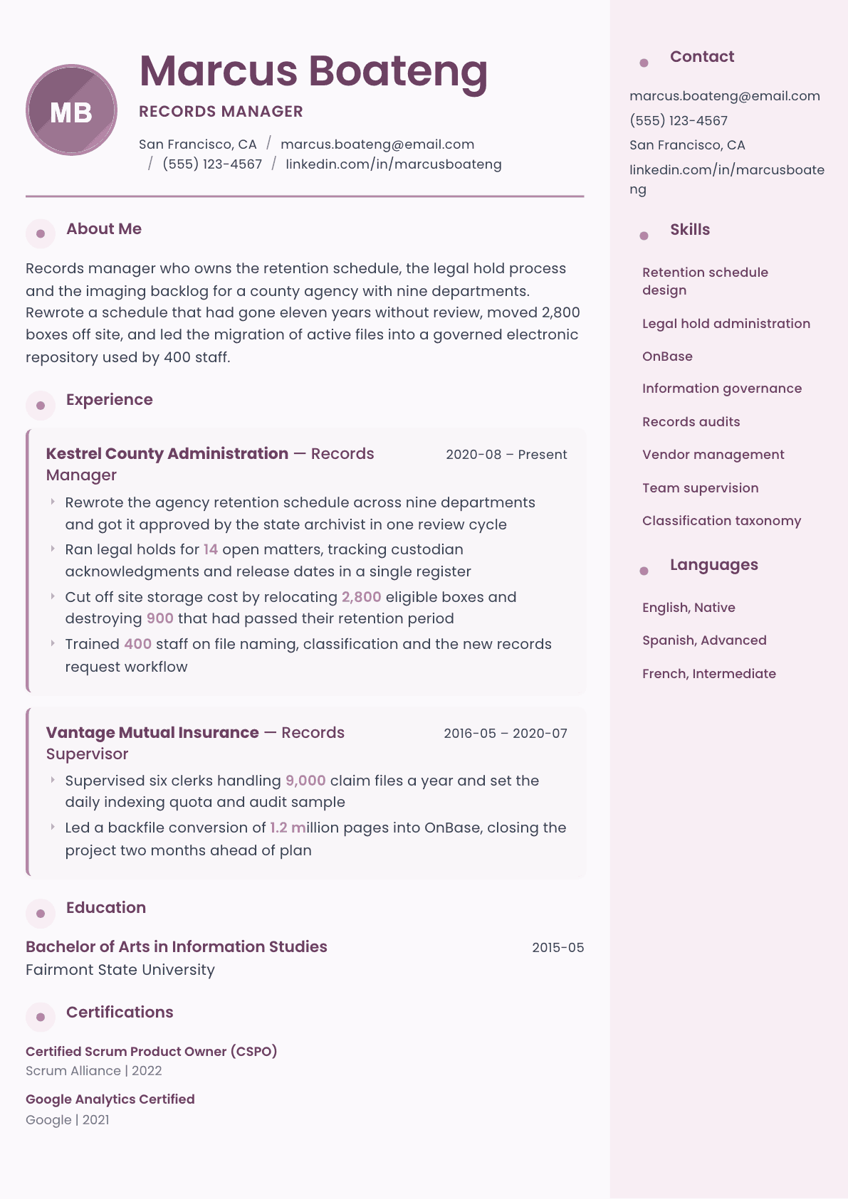 Records Manager resume example, Bloom template