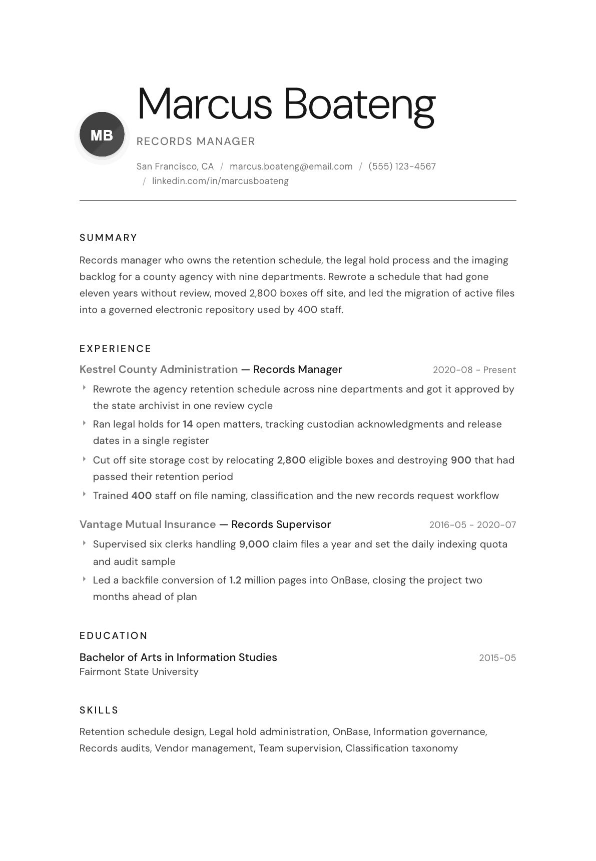 Records Manager resume example, Whisper template