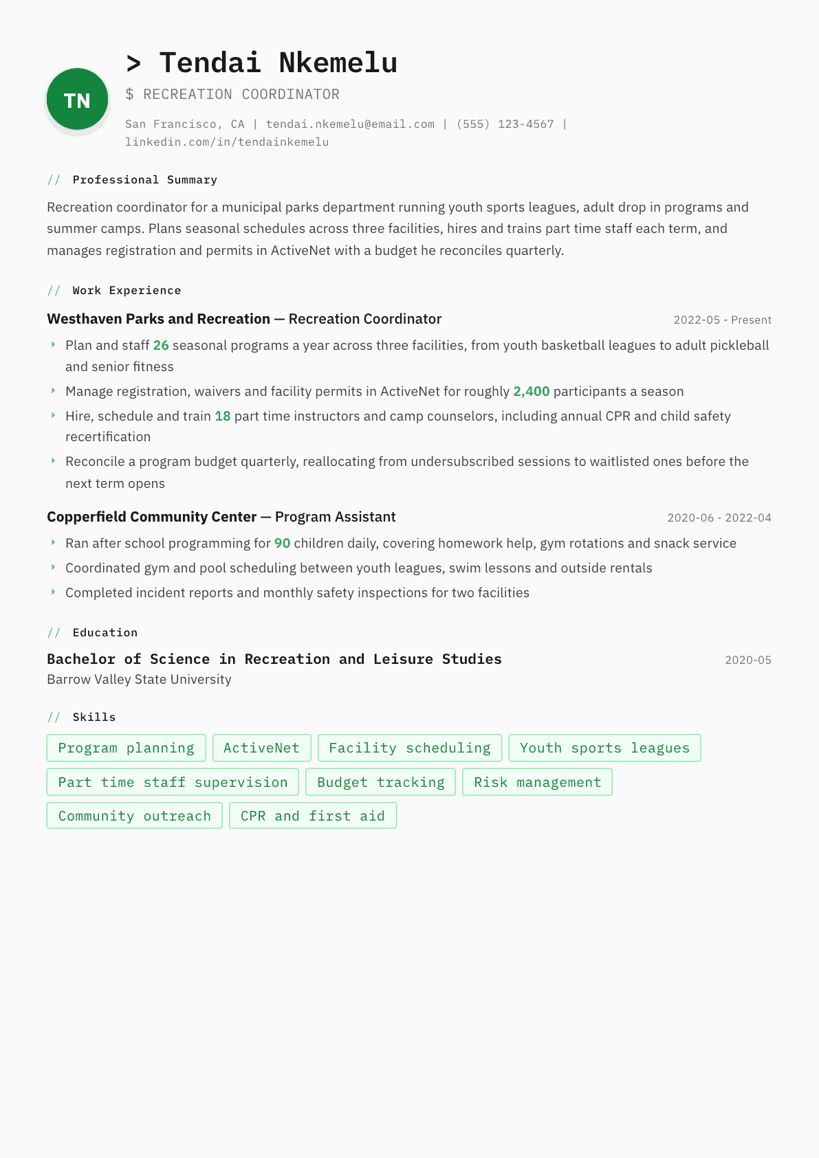 Recreation Coordinator resume example, Amsterdam template
