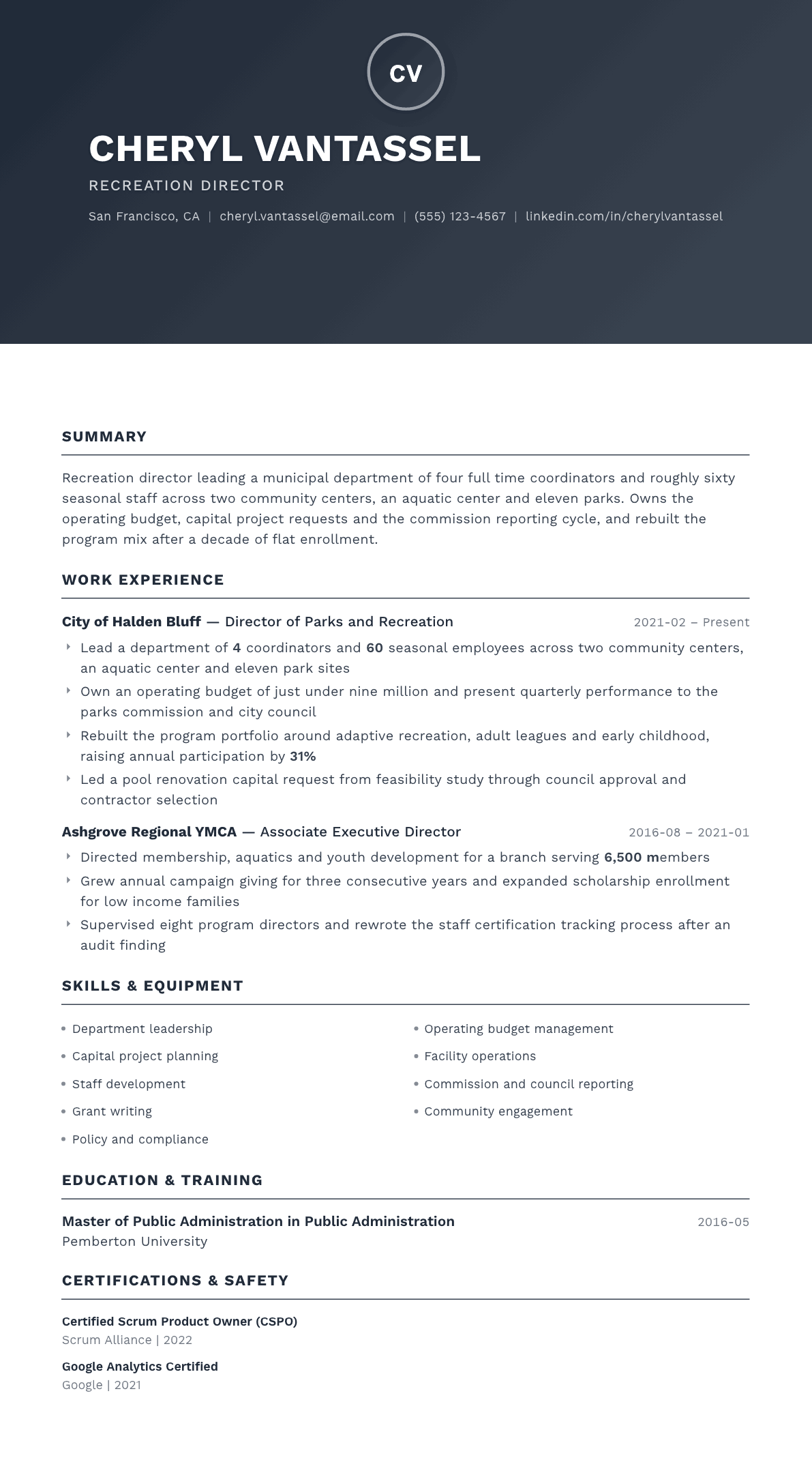 Recreation Director resume example, Foundation template