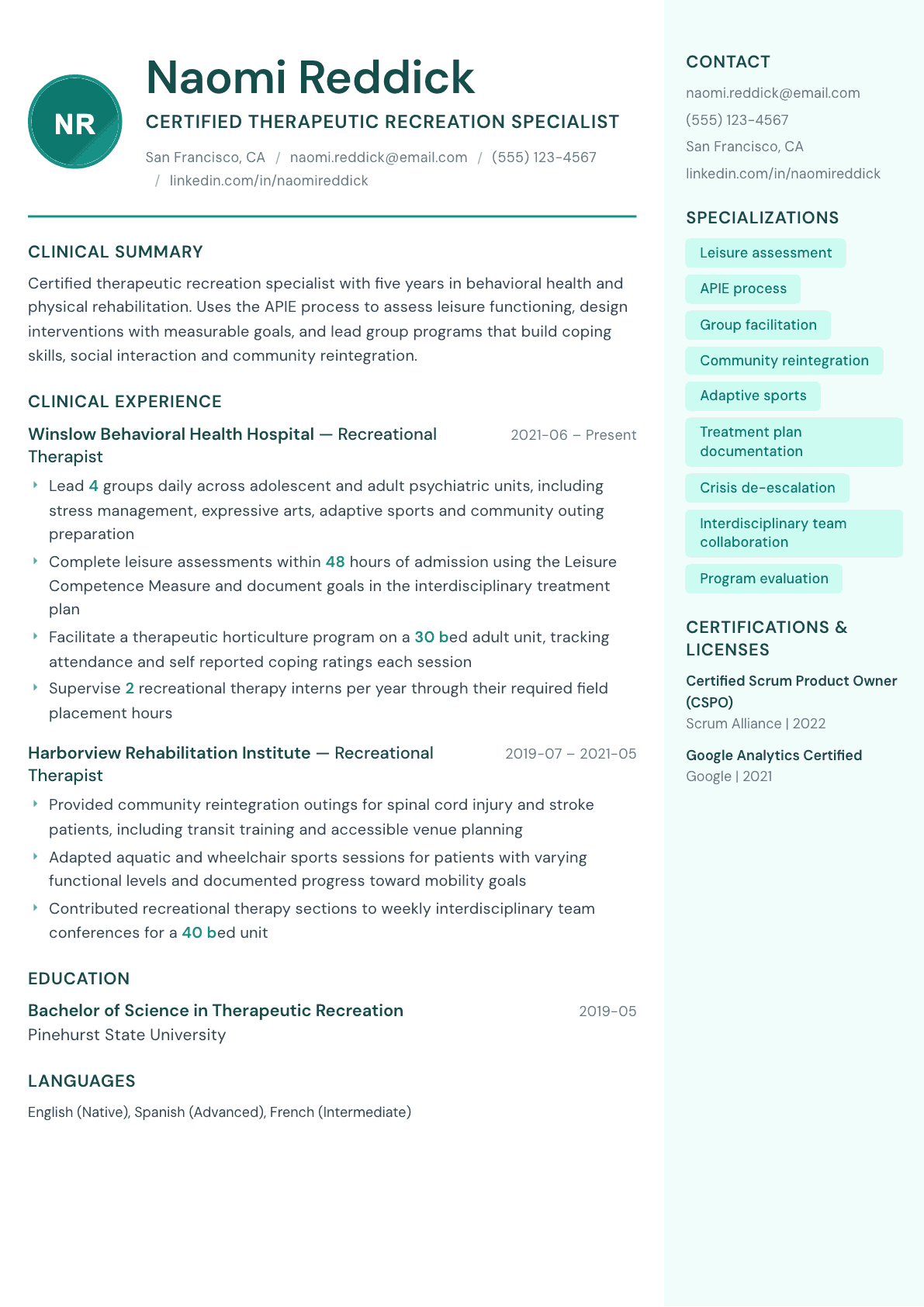 Recreational Therapist resume example, Remedy template
