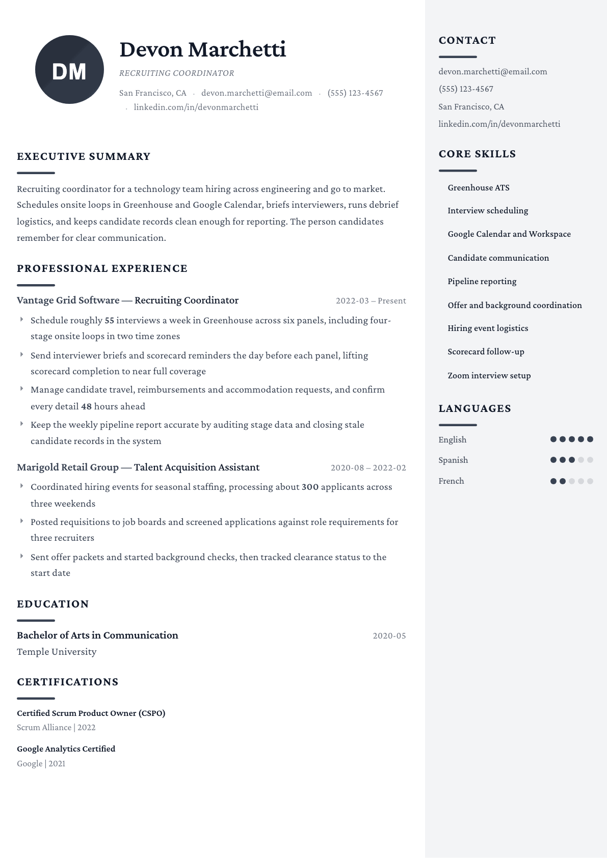 Recruiting Coordinator resume example, Monarch template