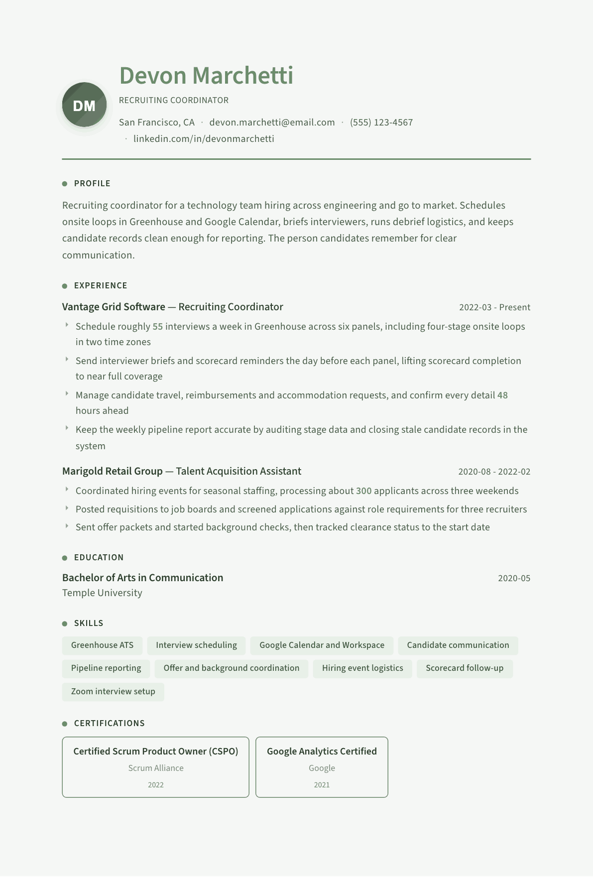 Recruiting Coordinator resume example, Sage Garden template