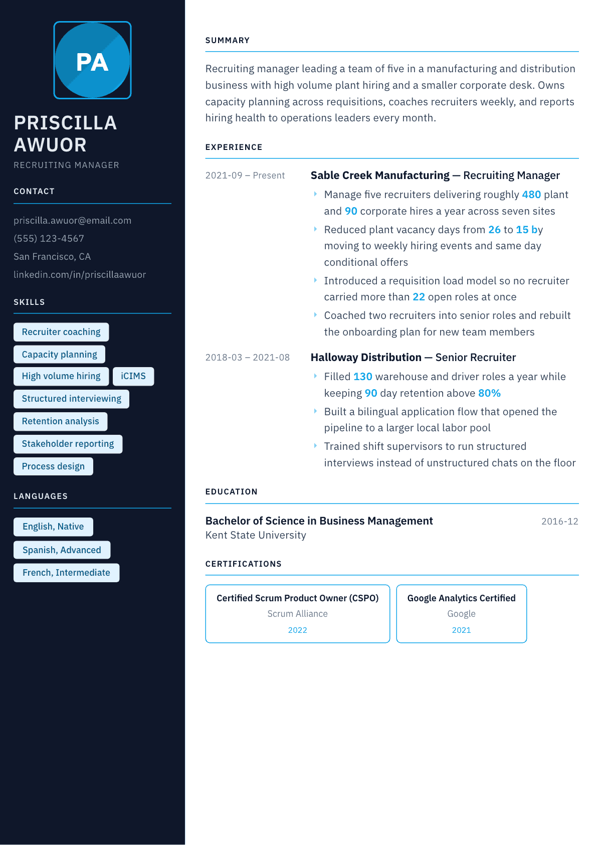 Recruiting Manager resume example, Everest template
