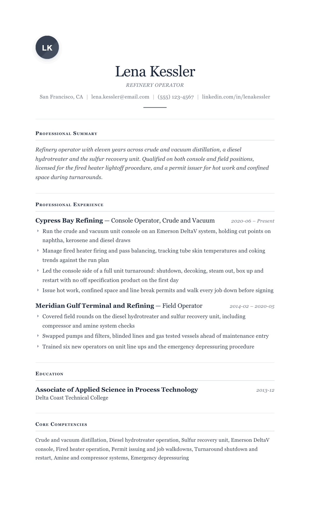 Refinery Operator resume example, Cornerstone template