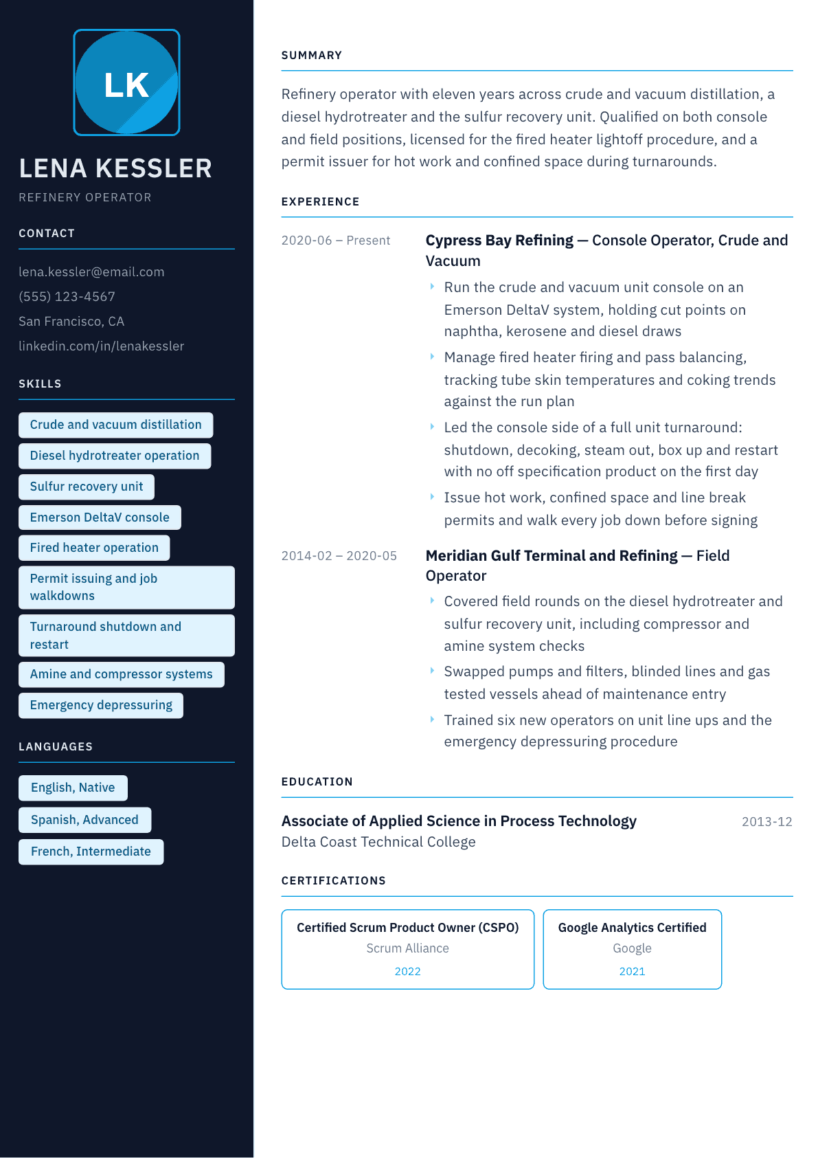 Refinery Operator resume example, Everest template