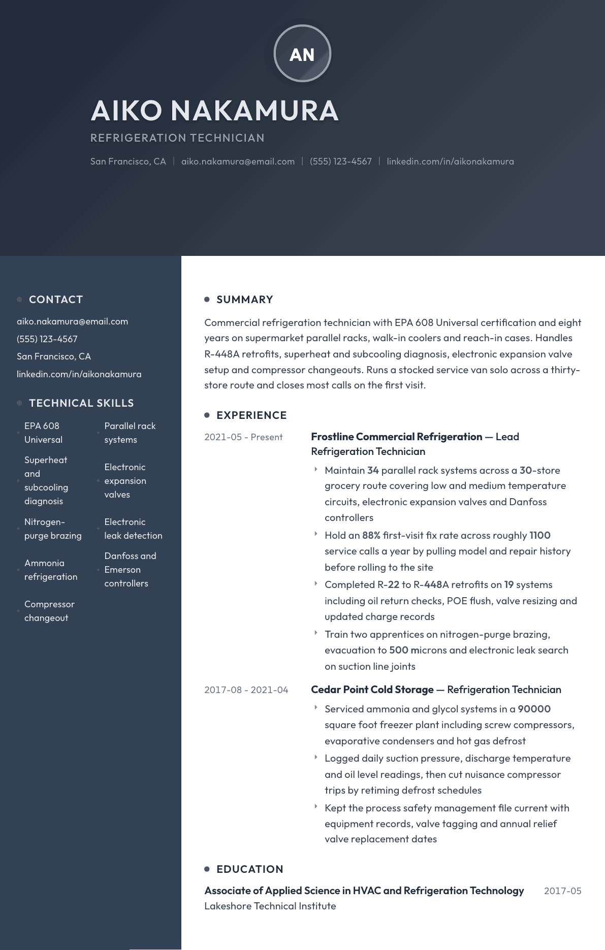 Refrigeration Technician resume example, Binary template