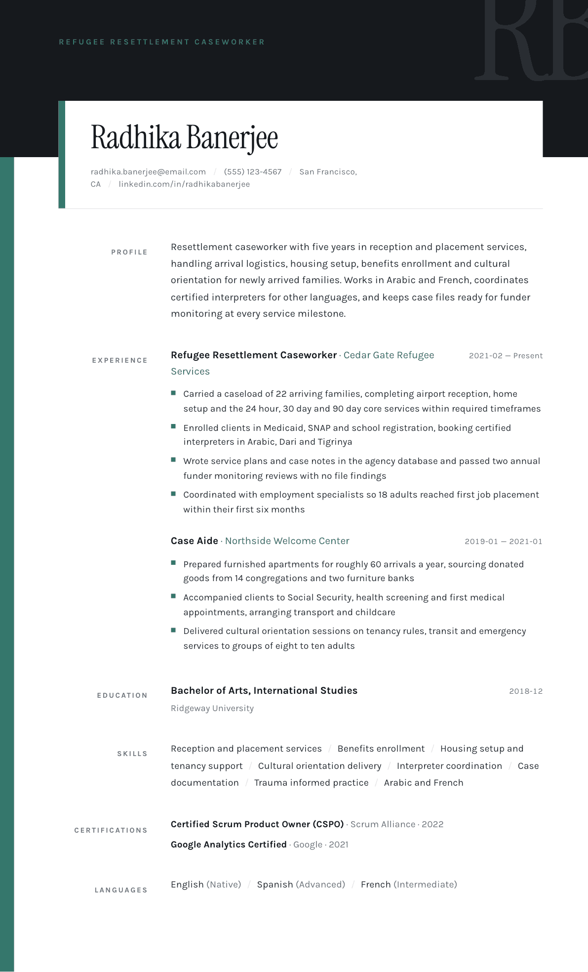 Refugee Resettlement Caseworker resume example, Quarto template