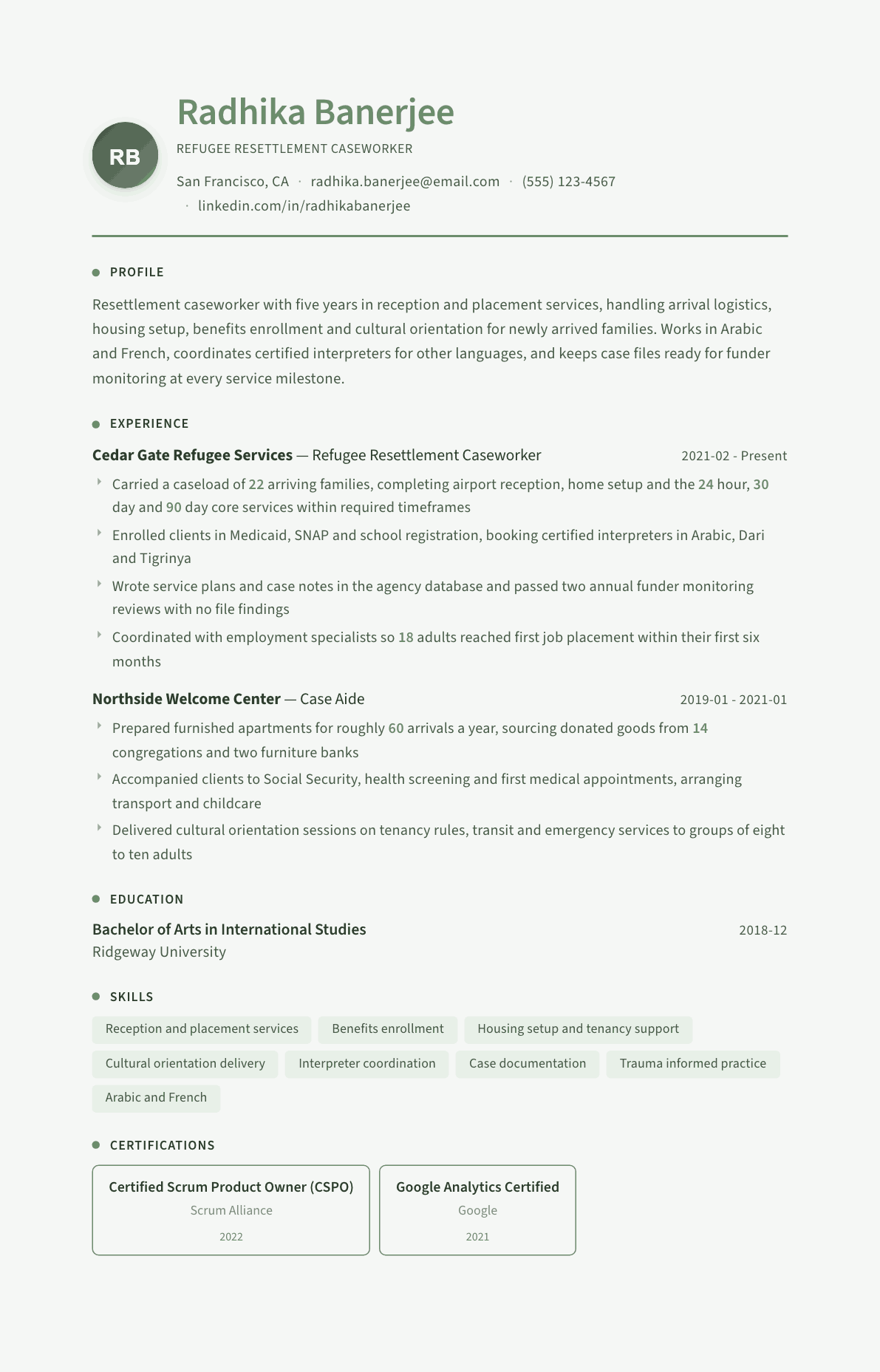 Refugee Resettlement Caseworker resume example, Sage Garden template