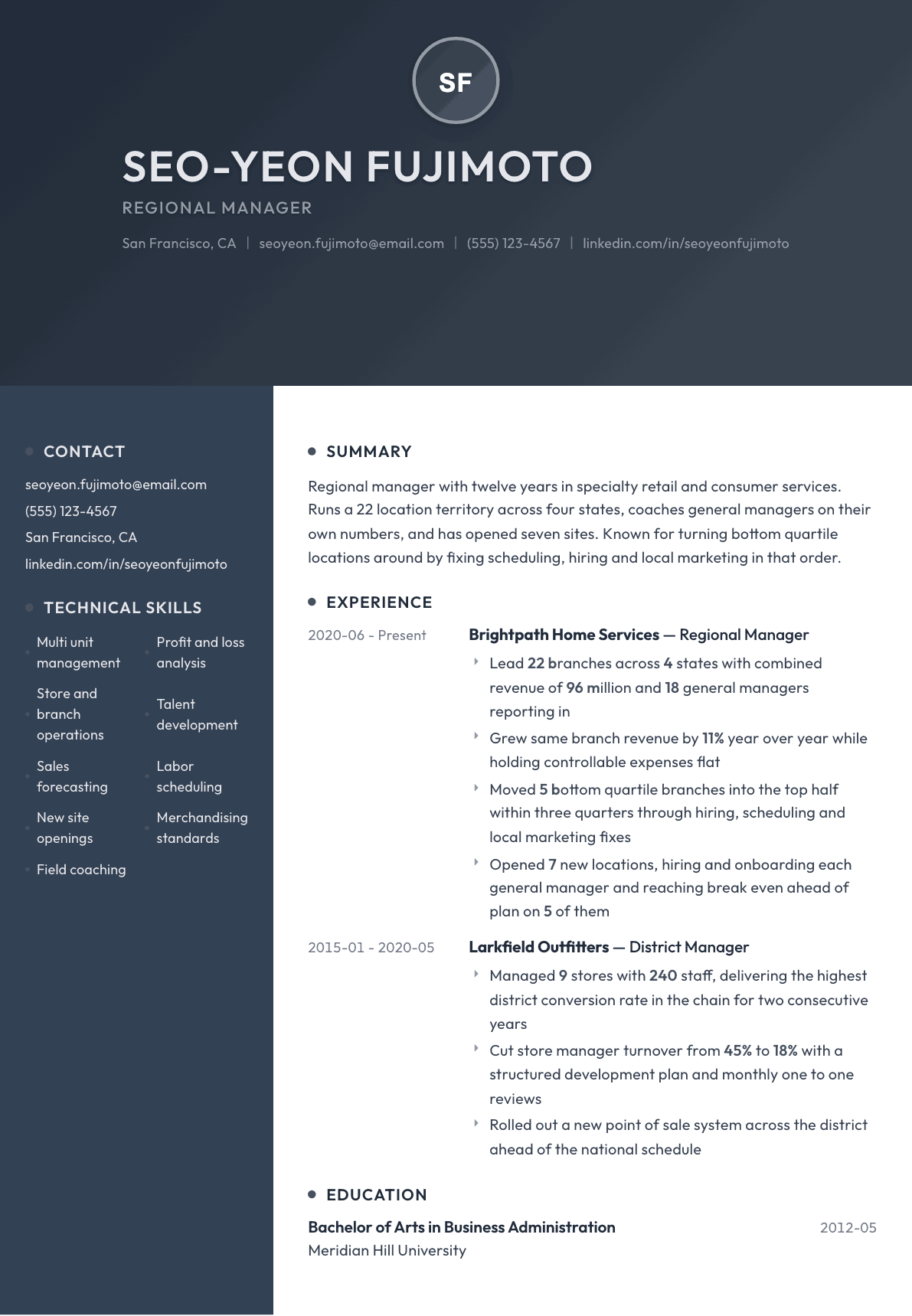 Regional Manager resume example, Binary template