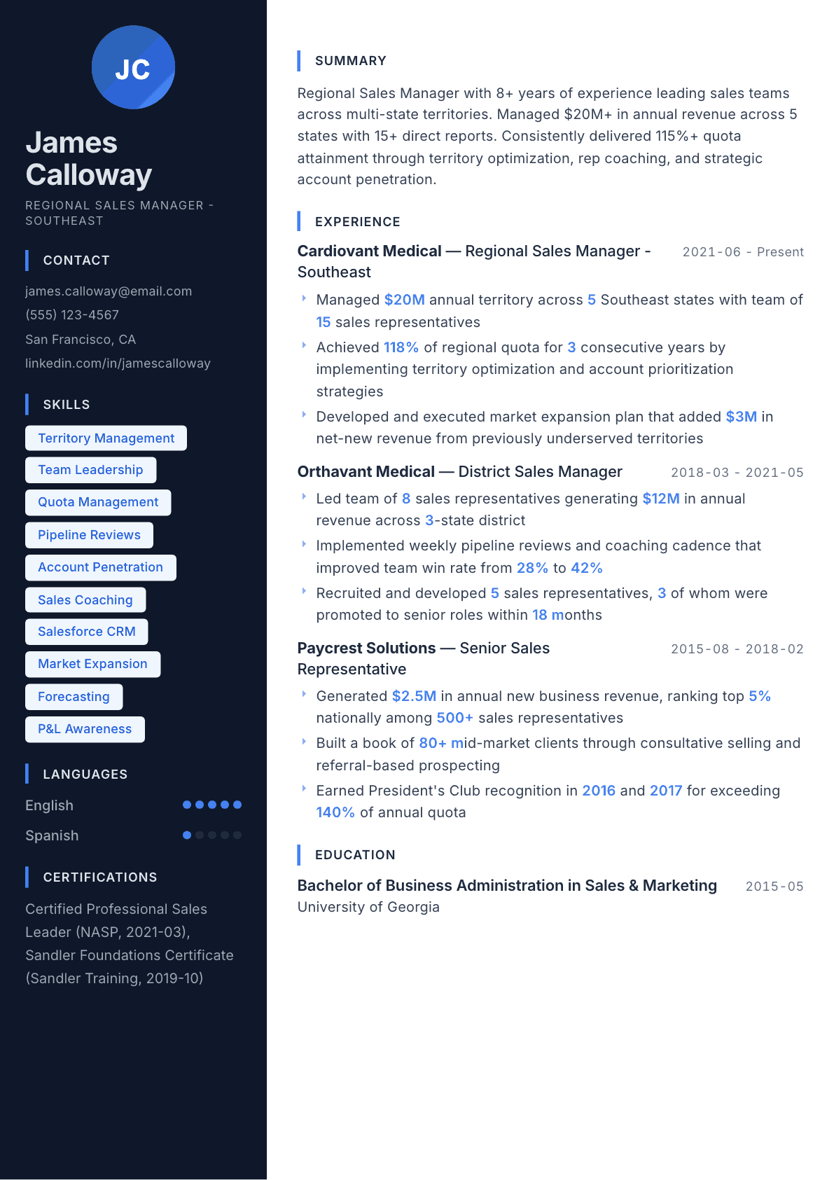 Regional Sales Manager resume example, Midnight Sapphire template