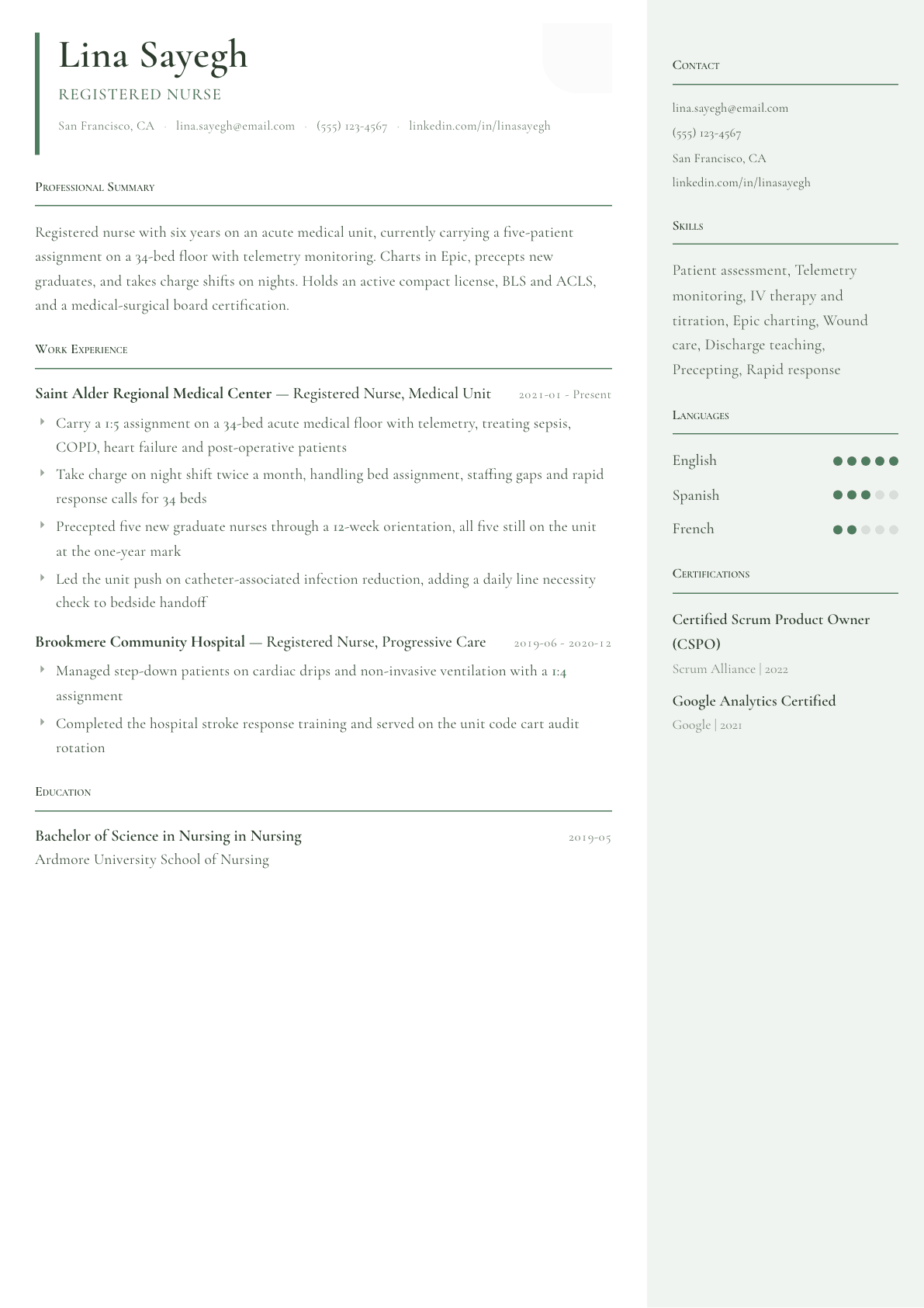 Registered Nurse resume example, Copenhagen template