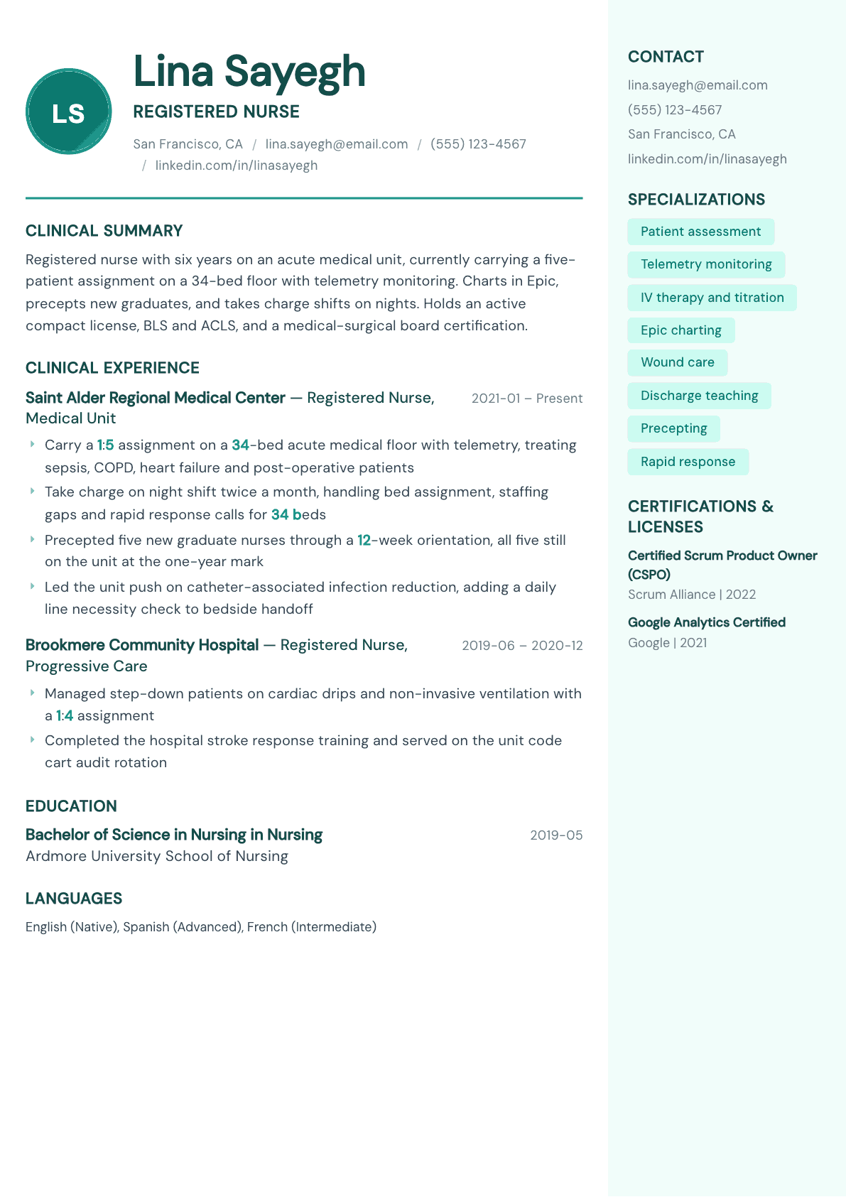 Registered Nurse resume example, Remedy template