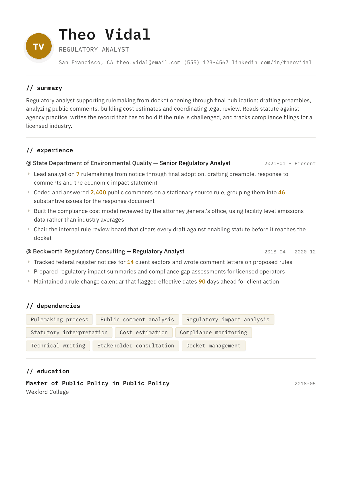 Regulatory Analyst resume example, Terminal template