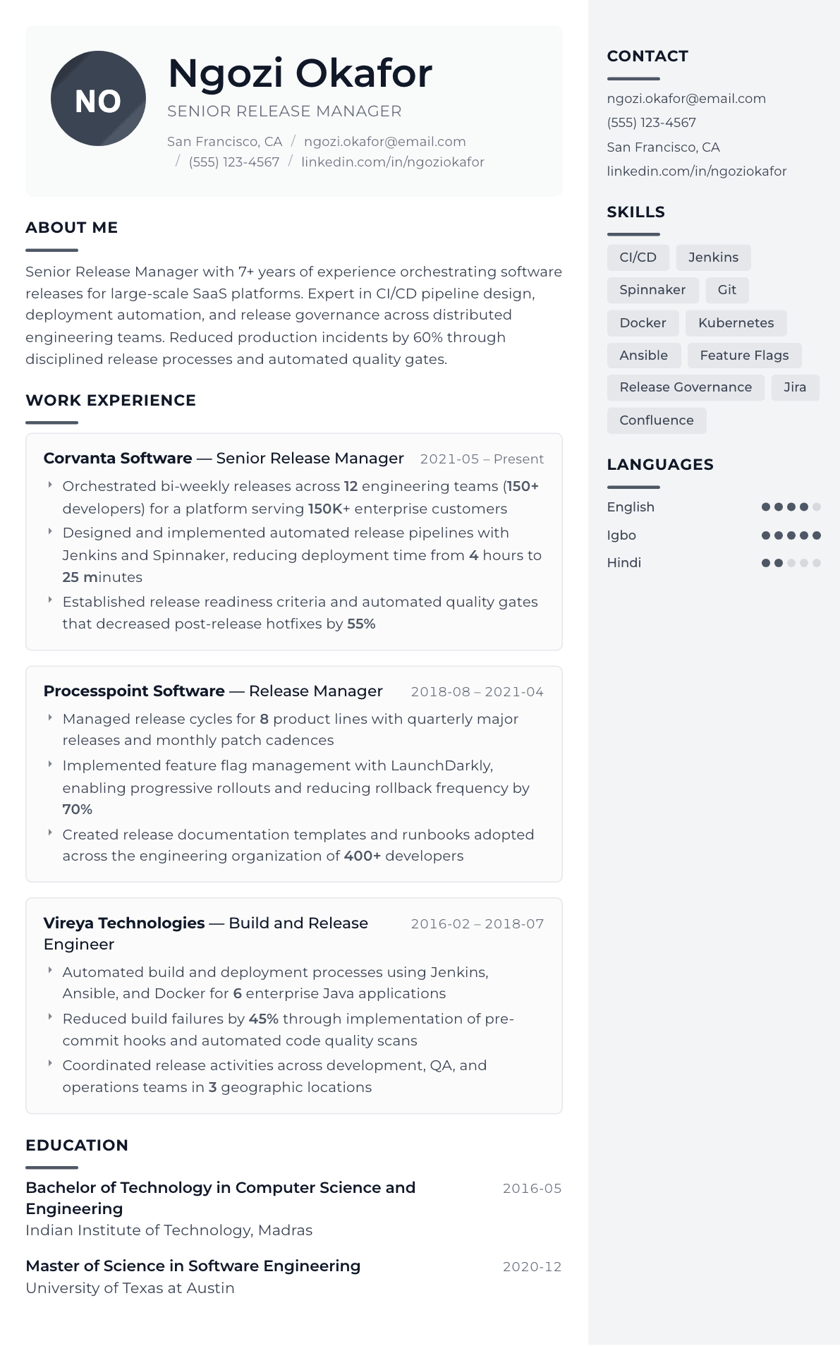 Release Manager resume example, Metropolitan template