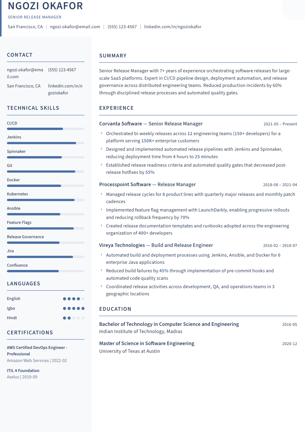 Release Manager resume example, Summit template