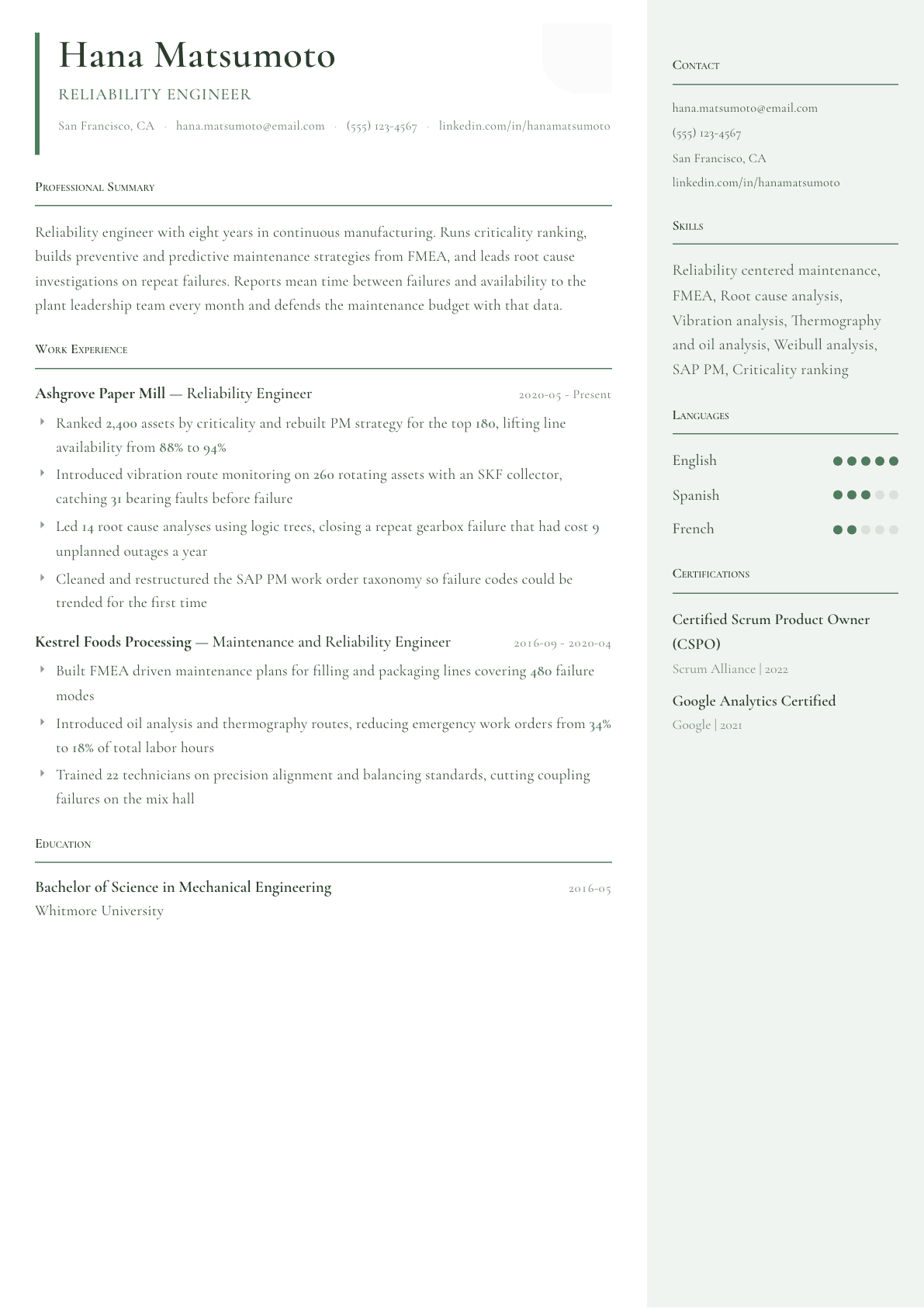 Reliability Engineer resume example, Copenhagen template