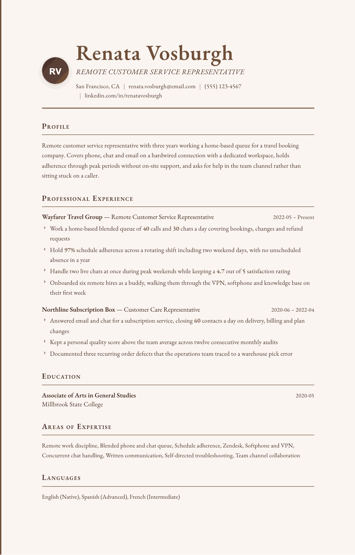 Remote Customer Service Representative resume example, Vintage template