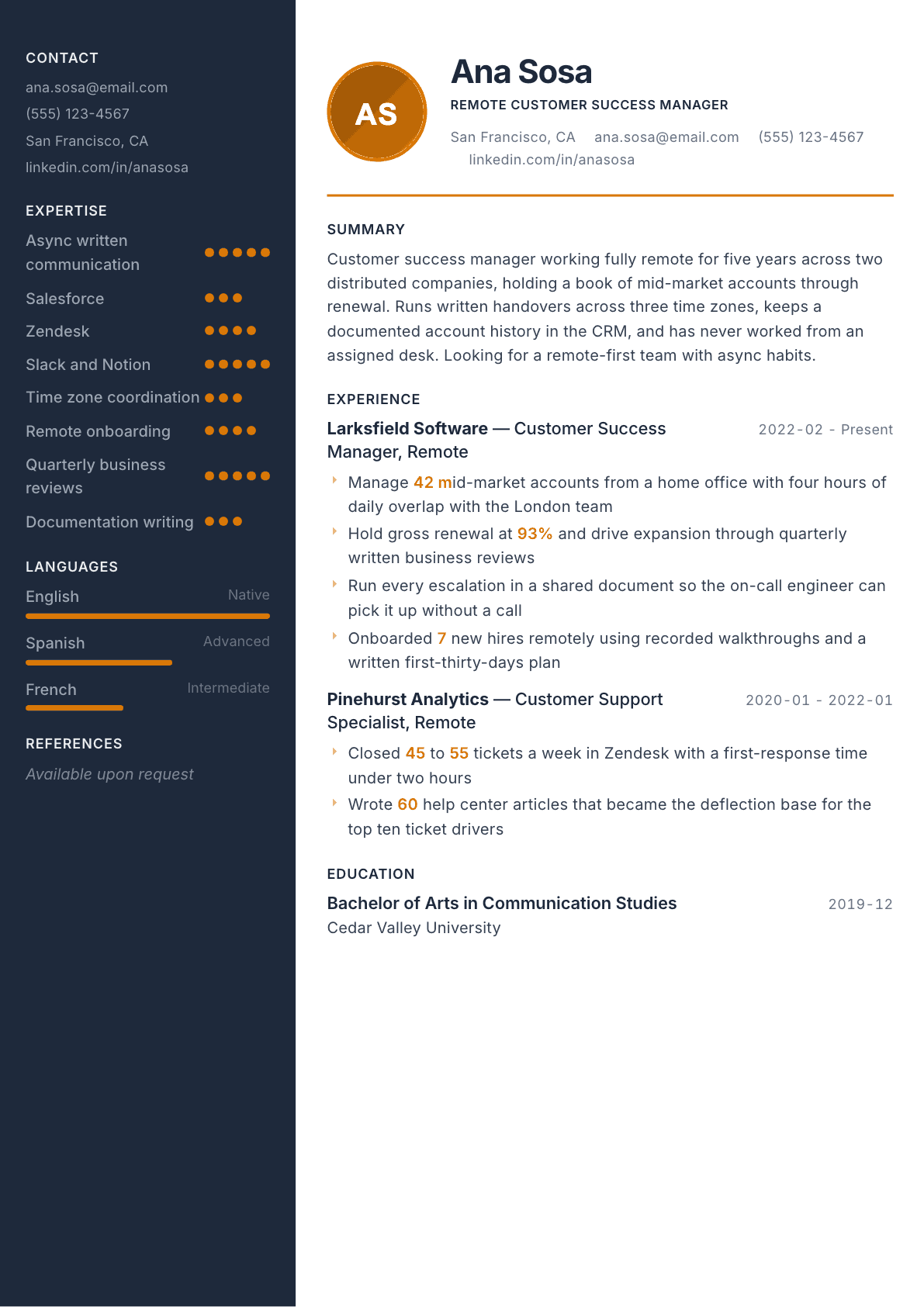 Remote Worker resume example, Copper & Slate template