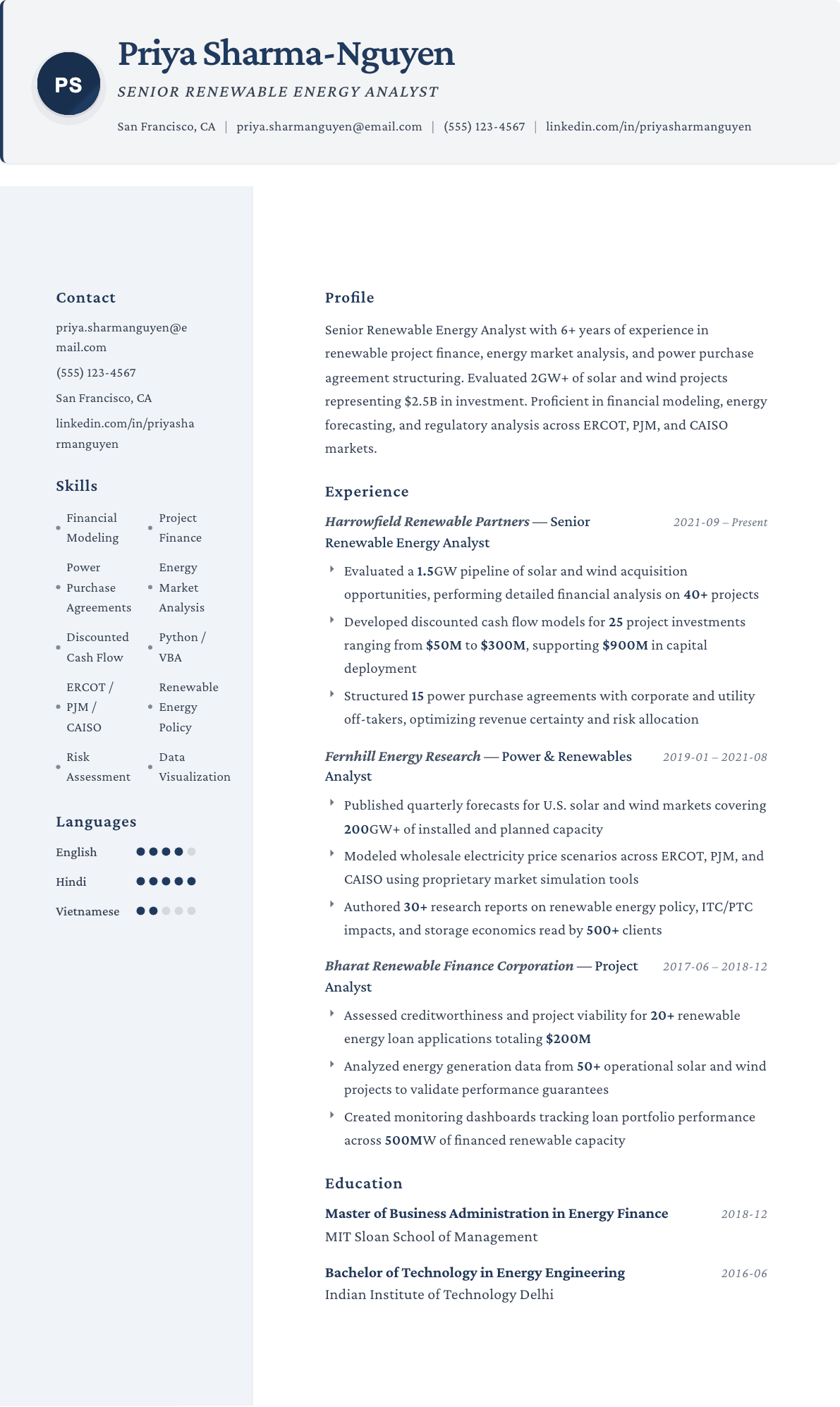 Renewable Energy Analyst resume example, Formal template