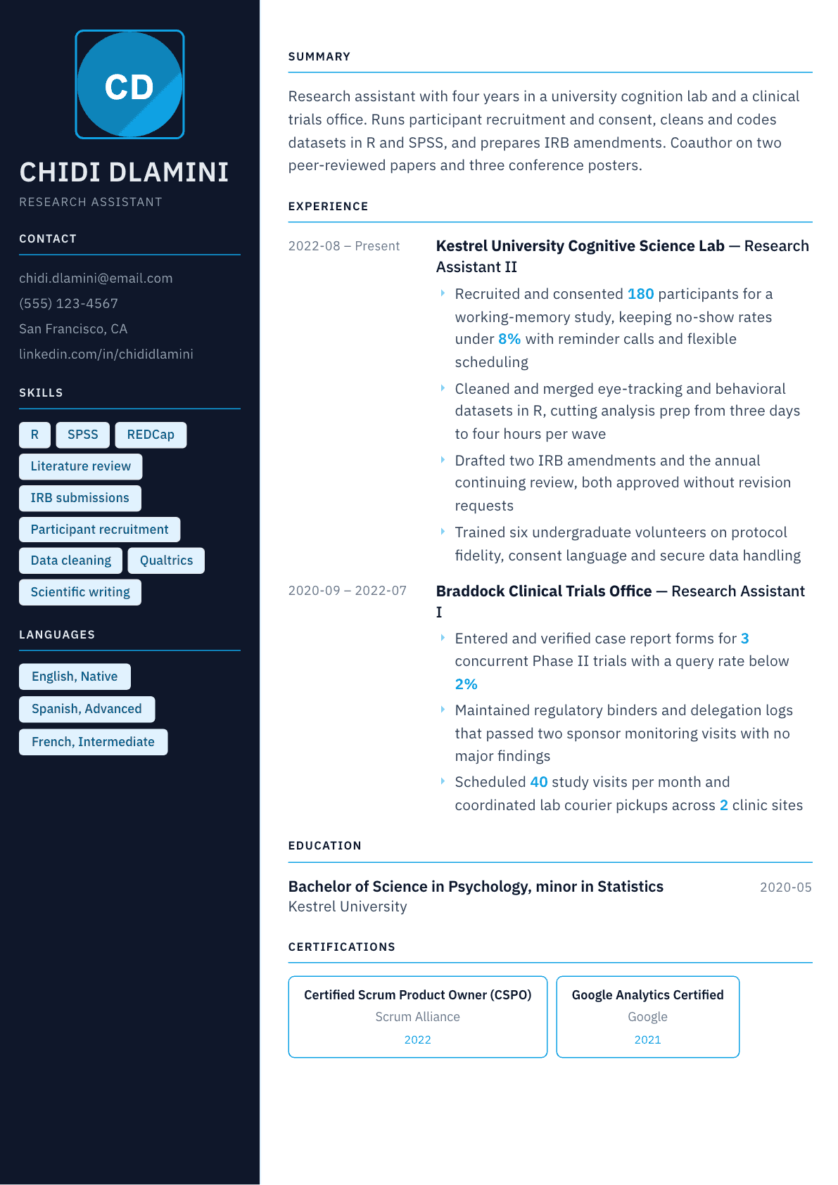 Research Assistant resume example, Everest template