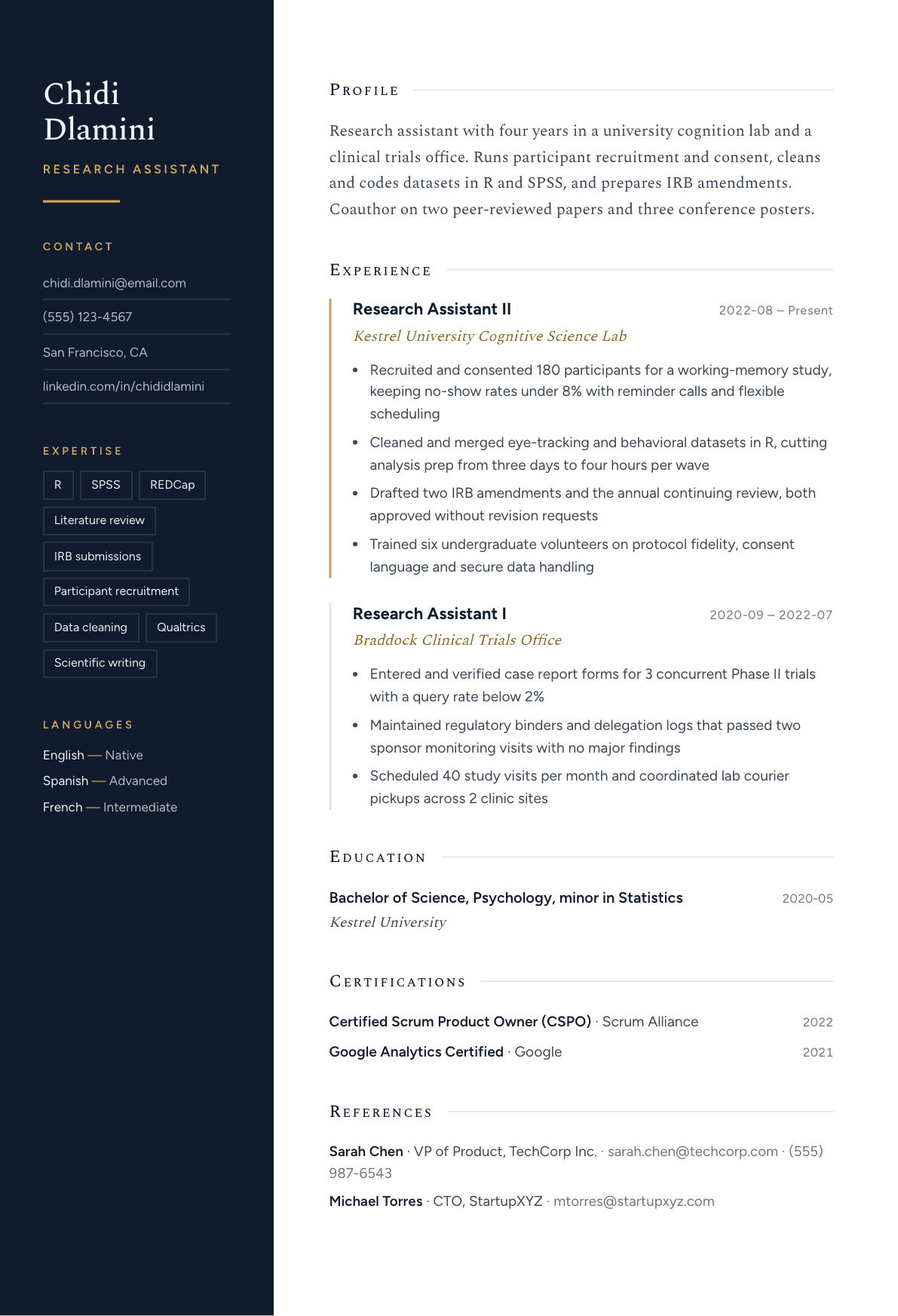 Research Assistant resume example, Nocturne template