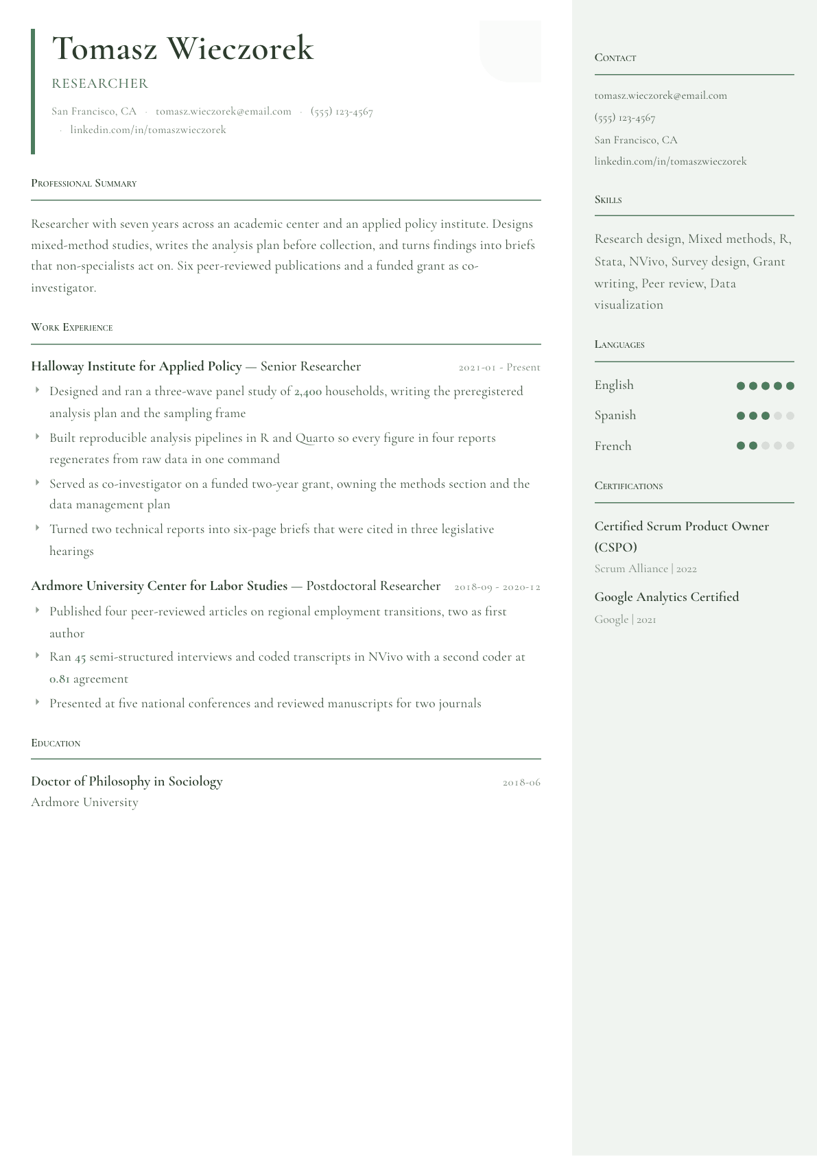 Researcher resume example, Copenhagen template