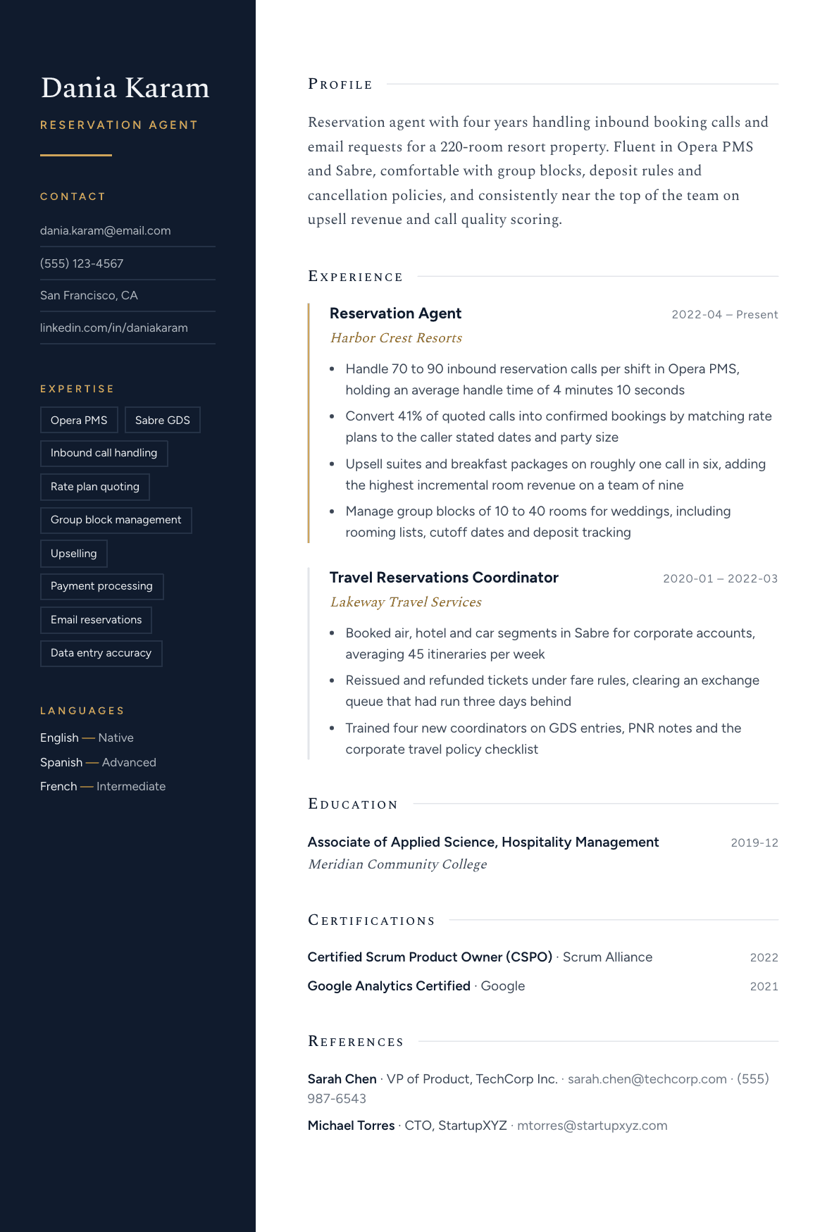 Reservation Agent resume example, Nocturne template