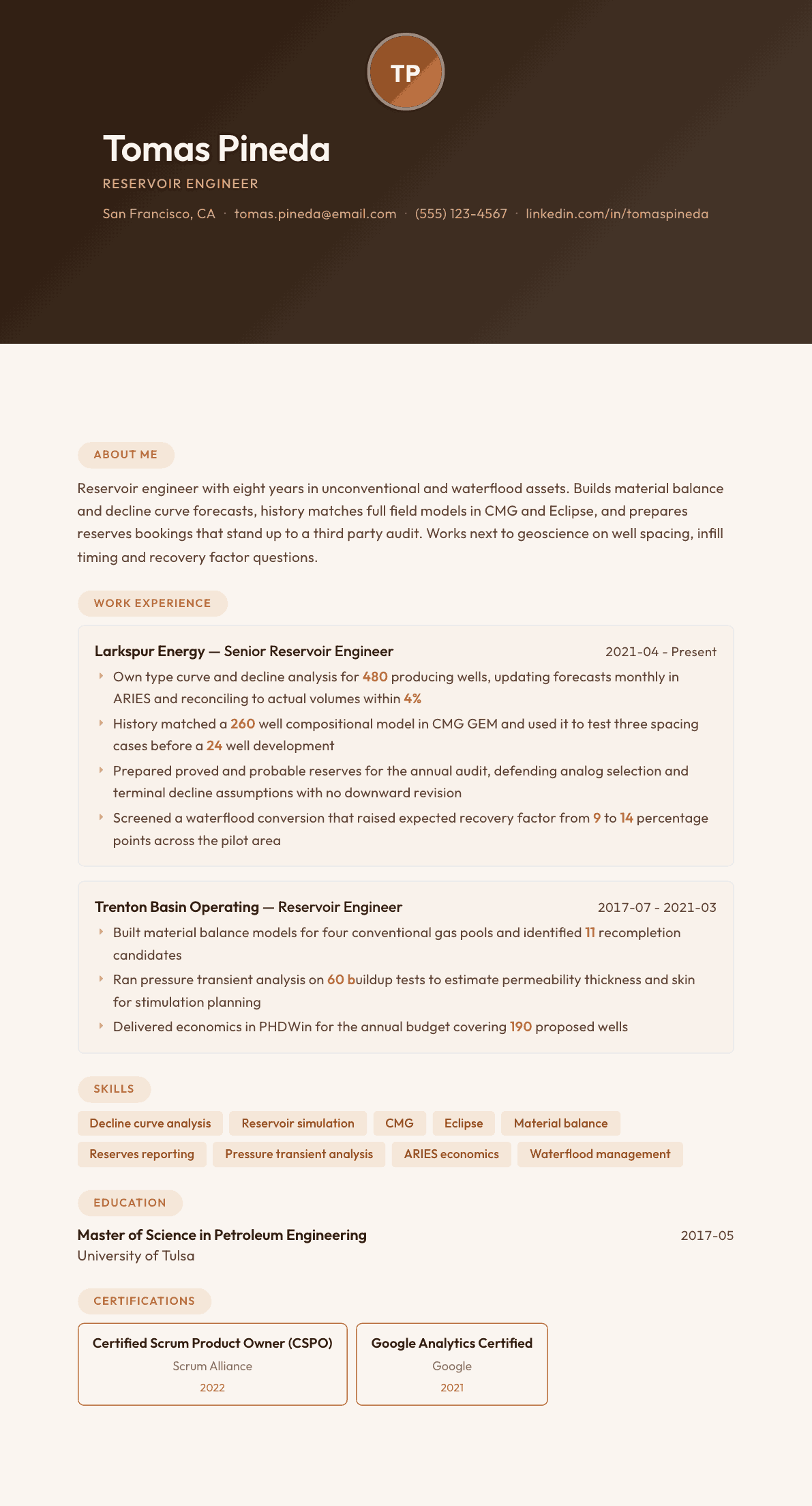 Reservoir Engineer resume example, Terracotta Studio template