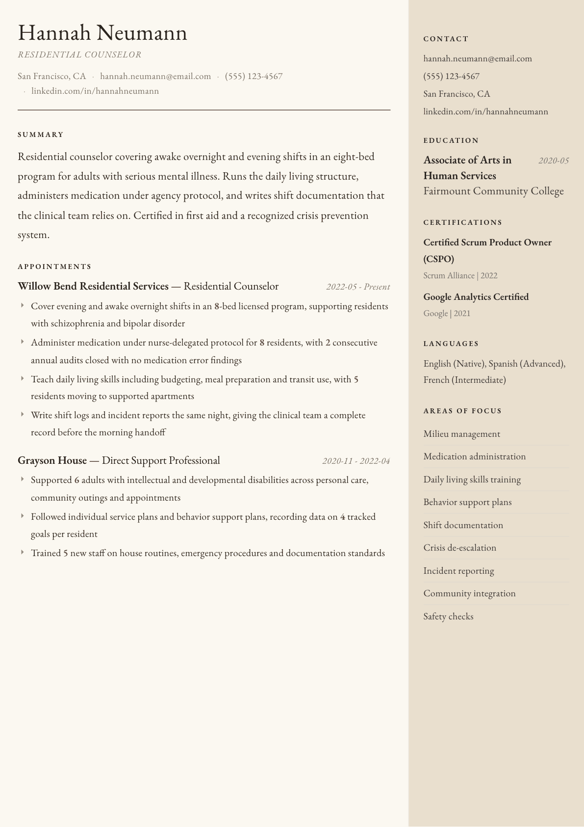 Residential Counselor resume example, Manuscript template