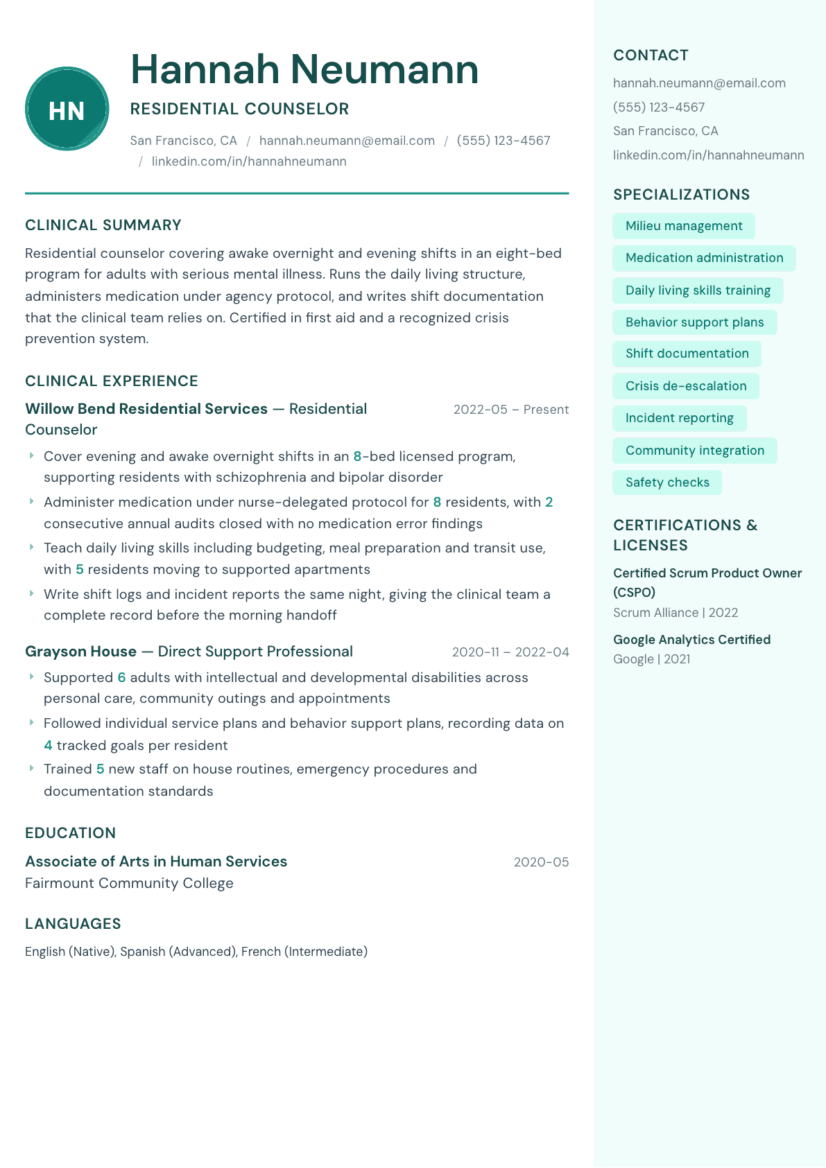 Residential Counselor resume example, Remedy template