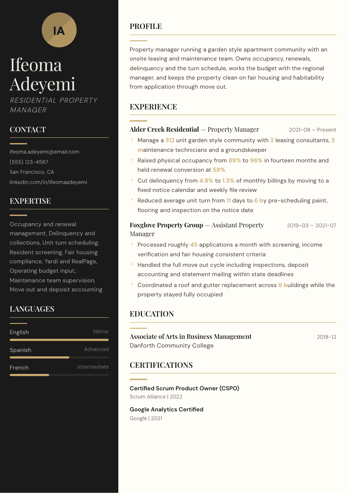Residential Property Manager resume example, Obsidian template