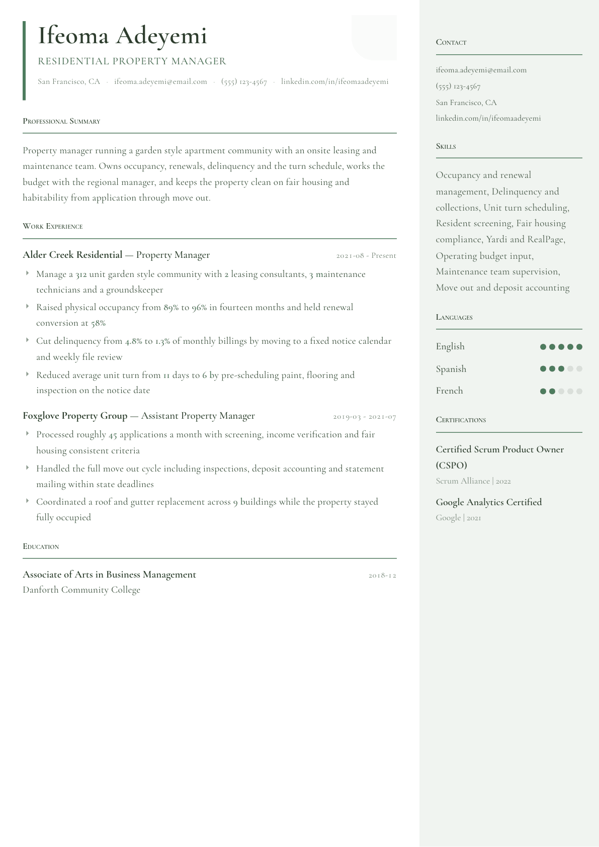 Residential Property Manager resume example, Copenhagen template