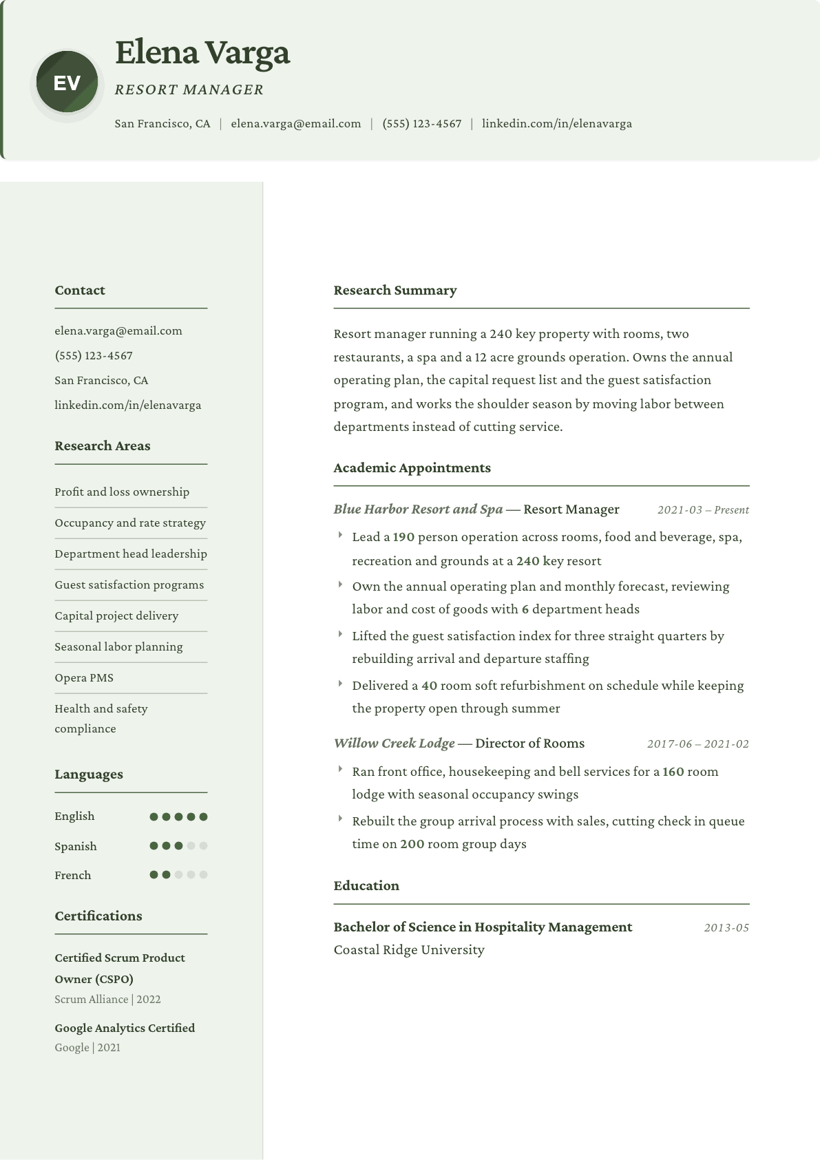 Resort Manager resume example, Research template