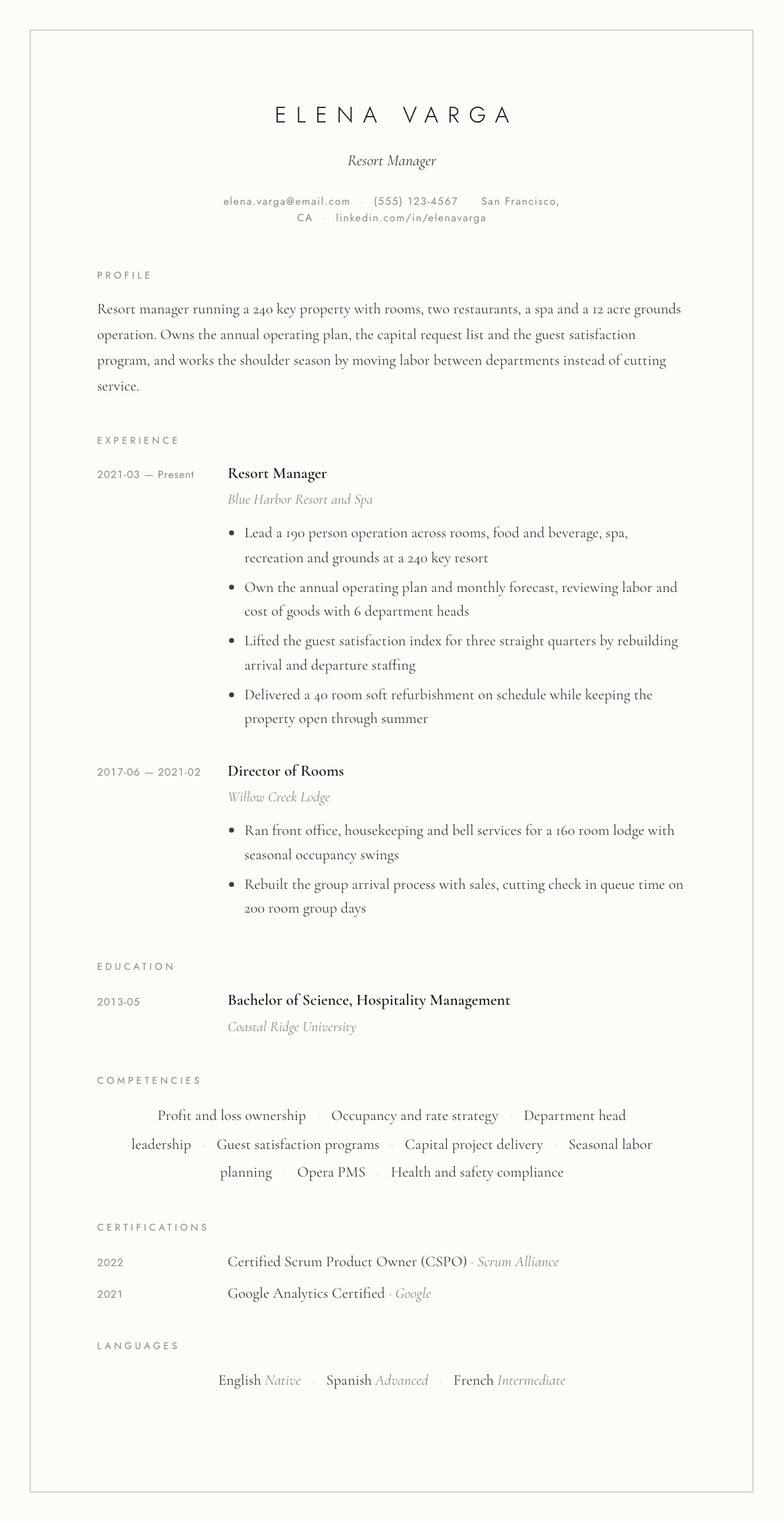 Resort Manager resume example, Vellum template