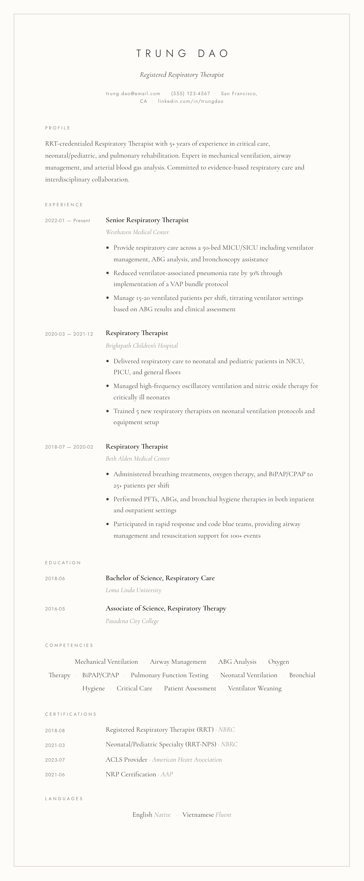 Respiratory Therapist resume example, Vellum template