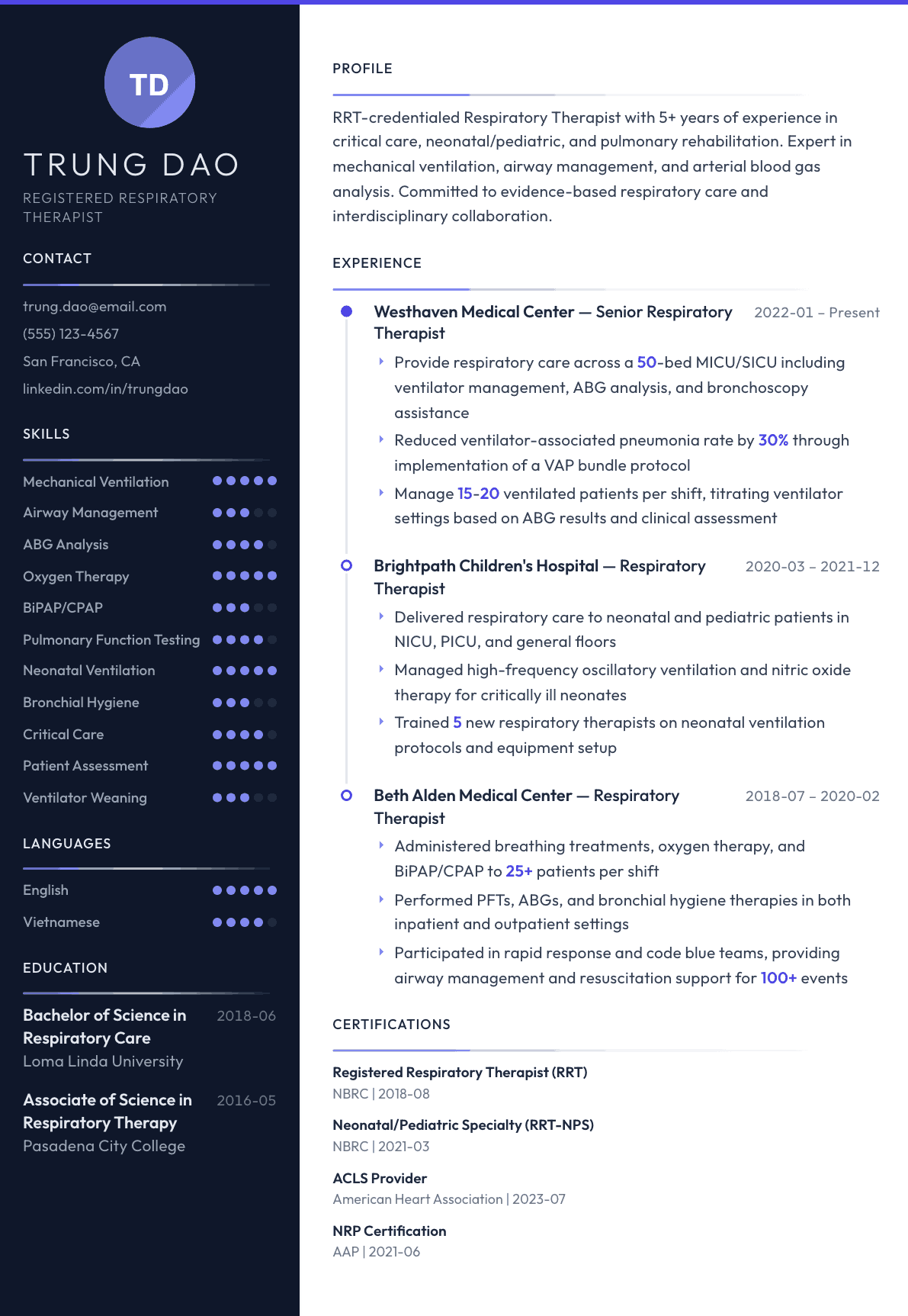 Respiratory Therapist resume example, Zenith template
