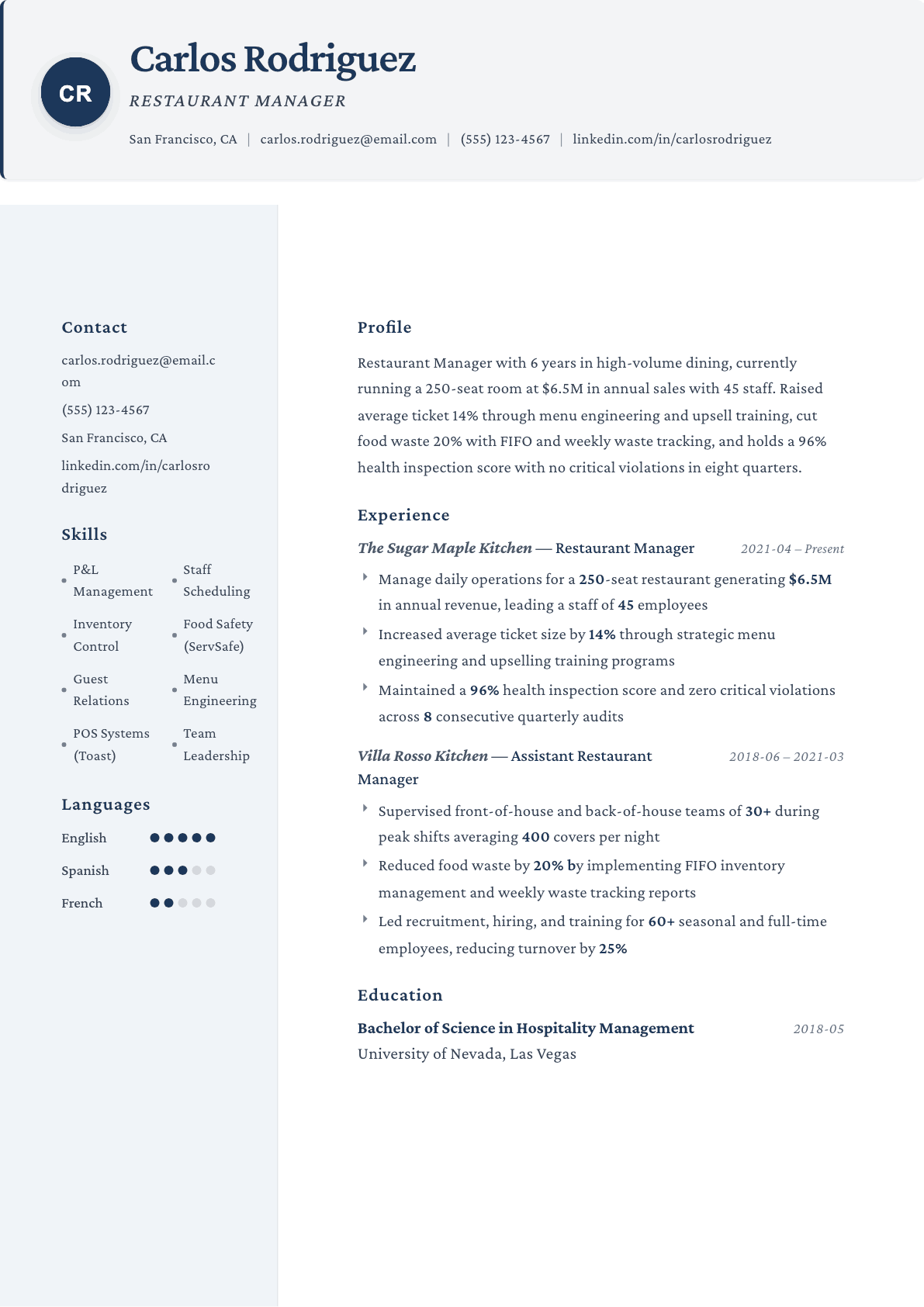Restaurant Manager resume example, Formal template