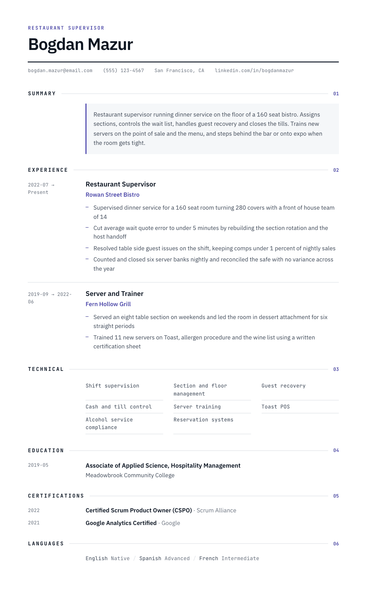 Restaurant Supervisor resume example, Substrate template