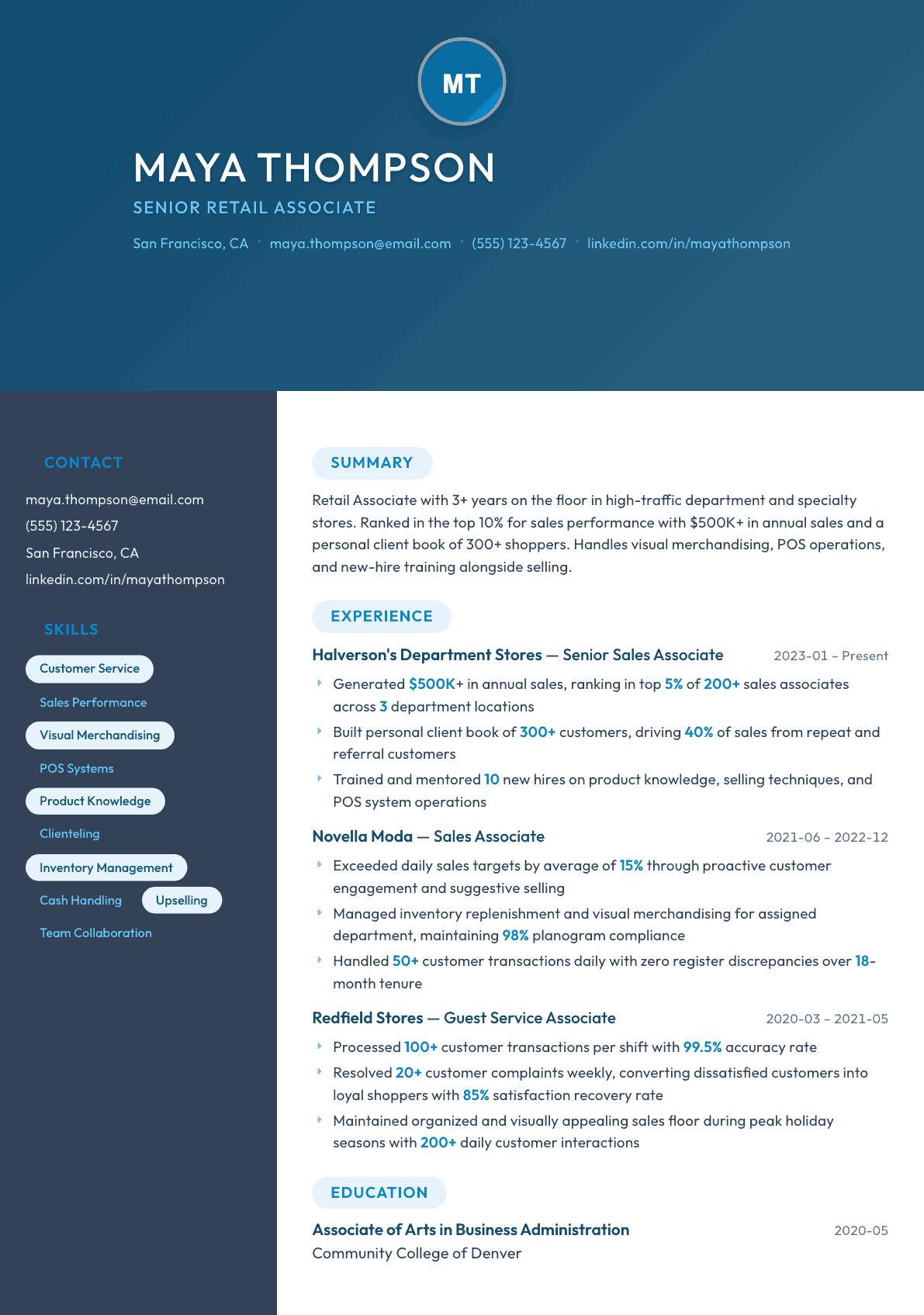 Retail Associate resume example, Nexus template