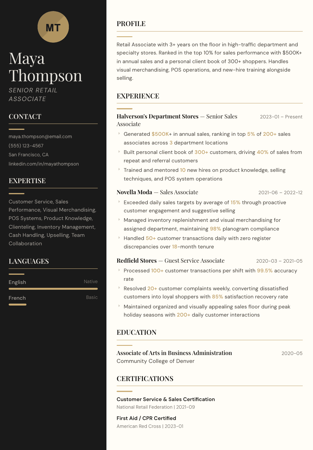 Retail Associate resume example, Obsidian template
