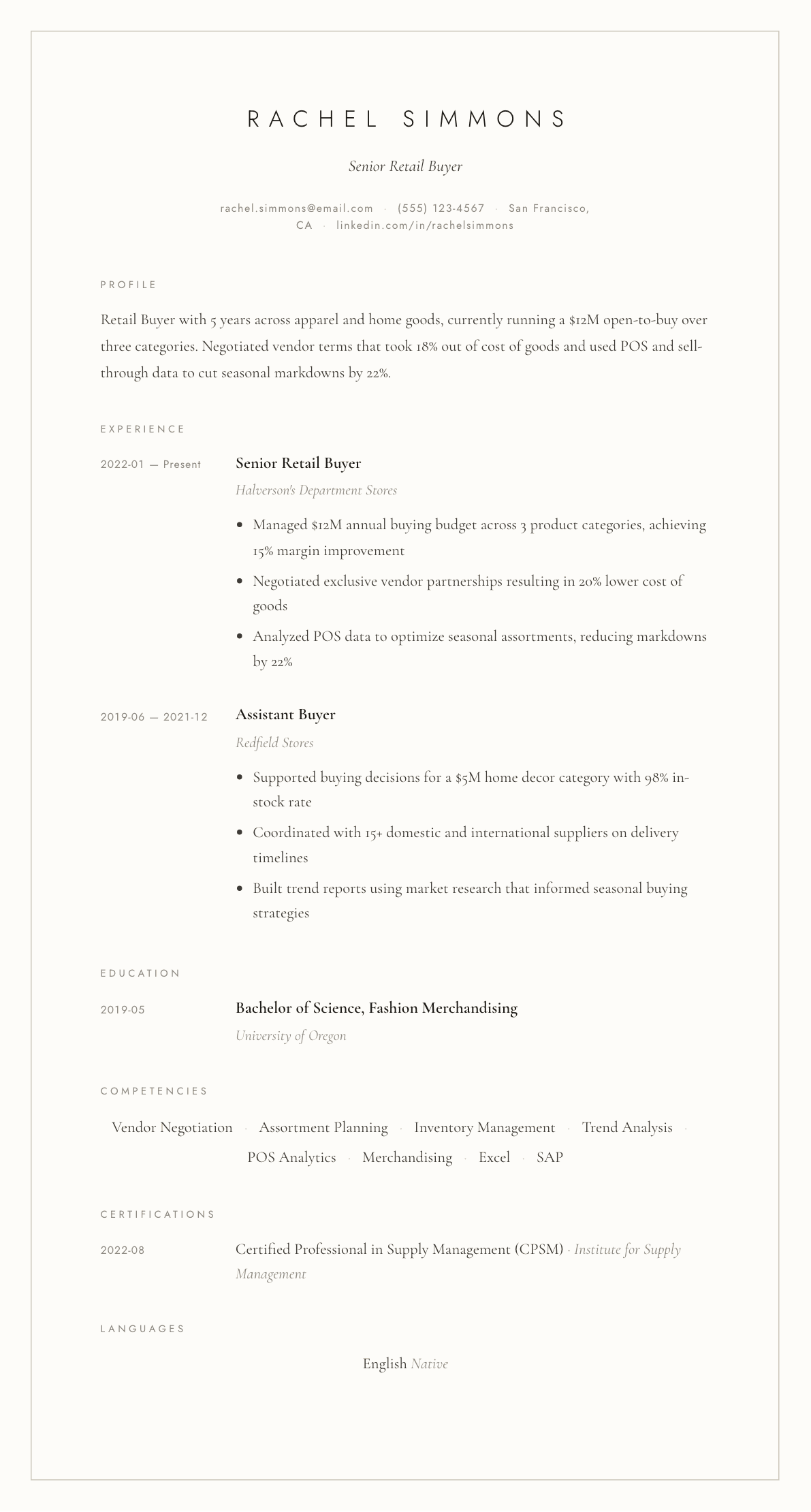 Retail Buyer resume example, Vellum template
