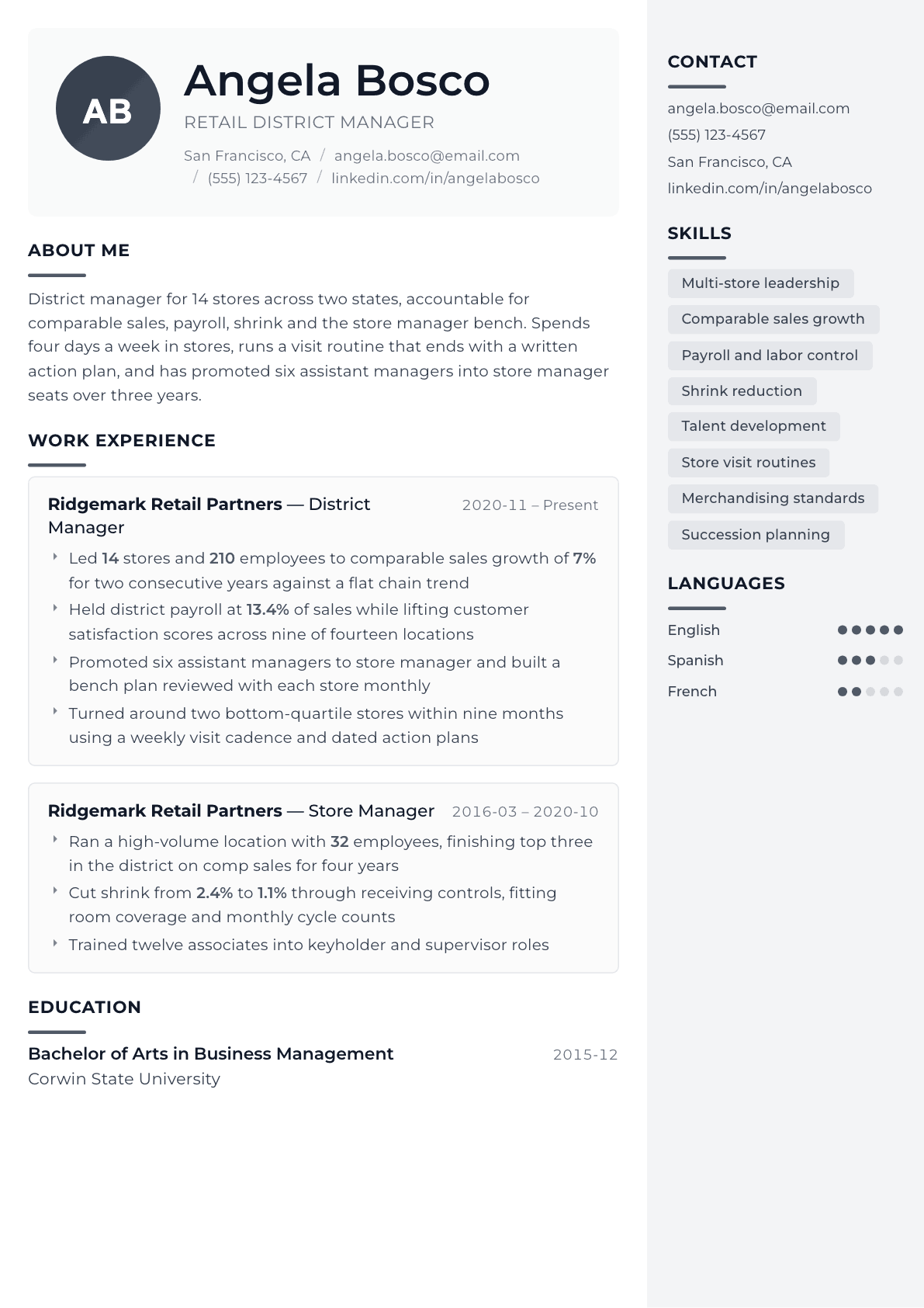 Retail District Manager resume example, Metropolitan template